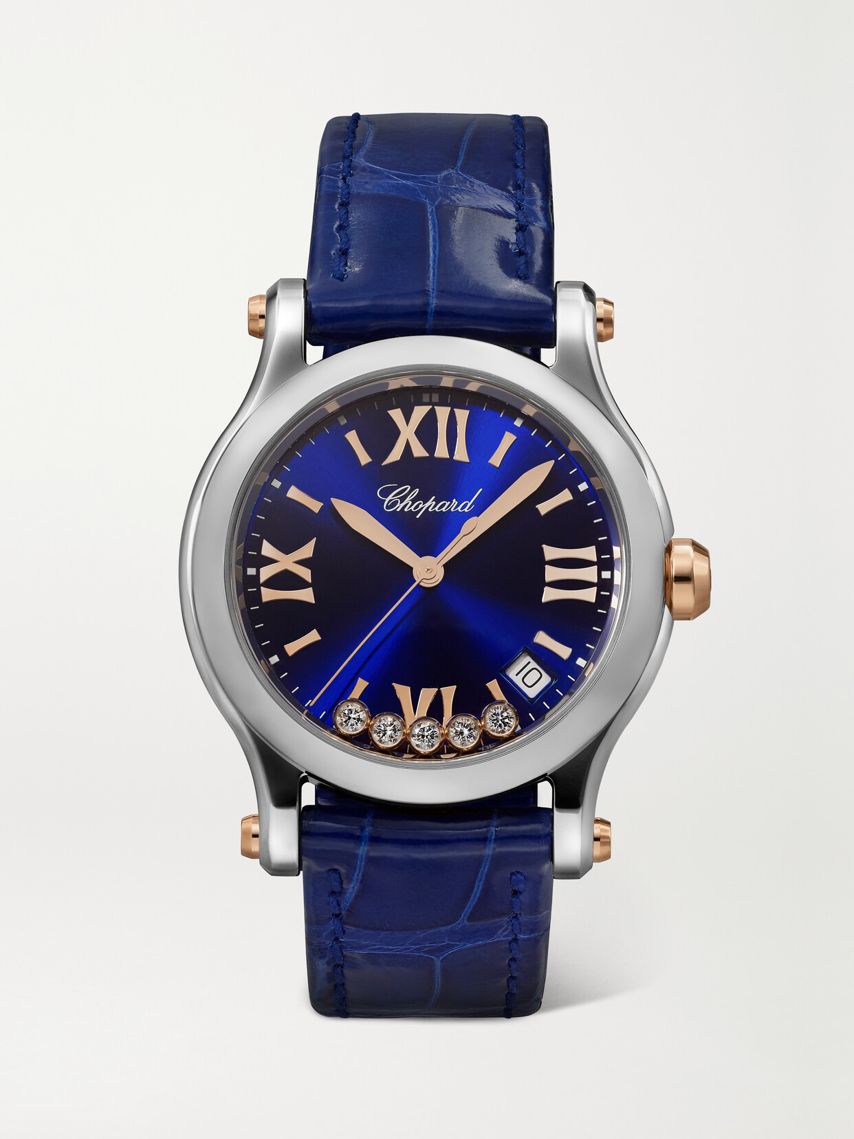 Chopard Happy Sport 36mm Stainless Steel, 18-karat Rose Gold, Alligator And Diamond Watch In Blue