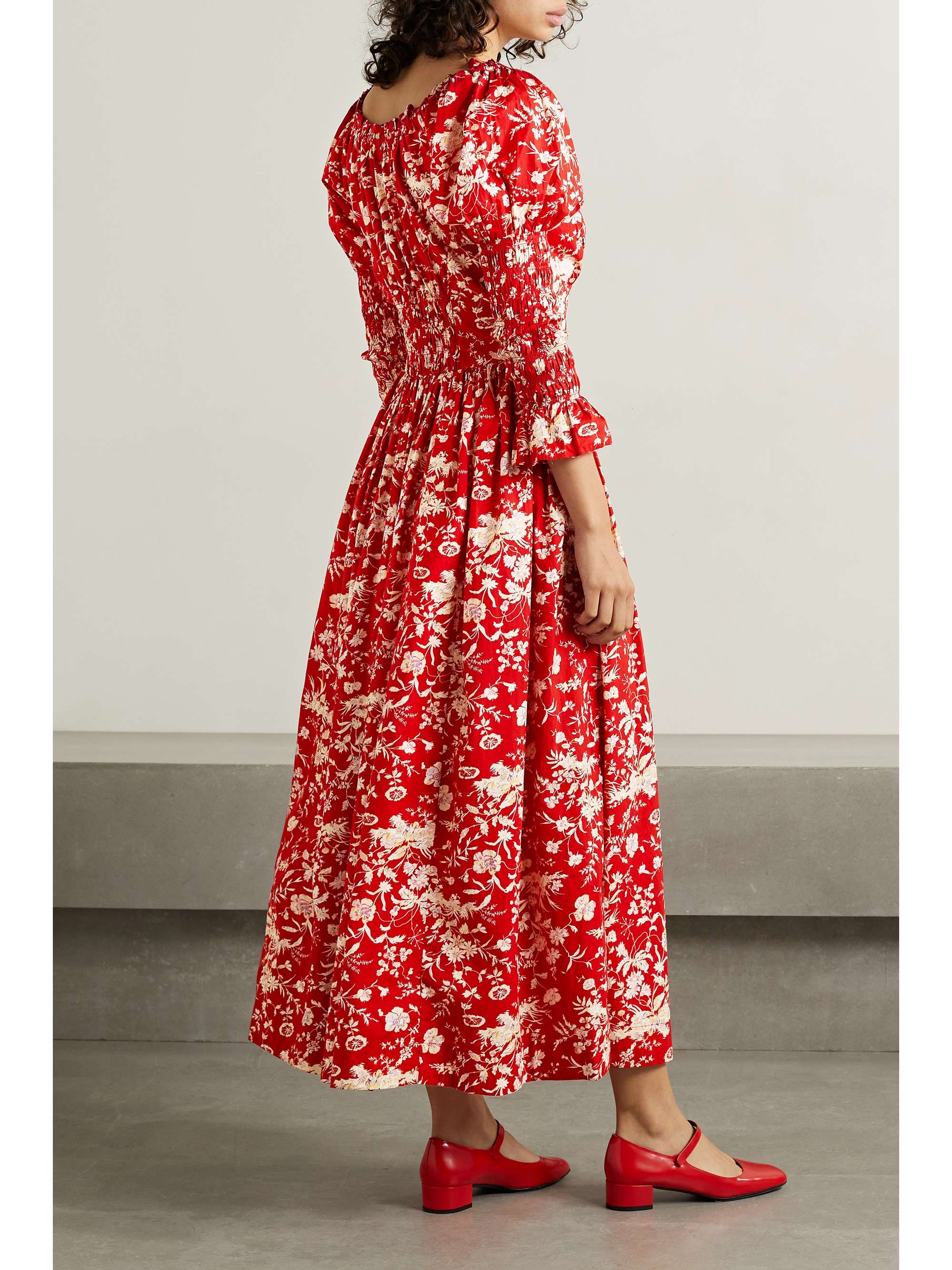 DÔEN Meribel shirred floral-print cotton-poplin midi dress