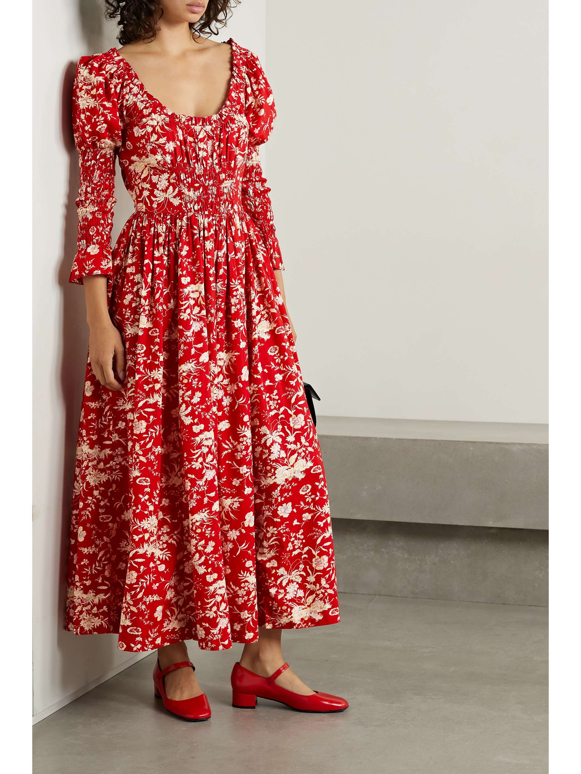 DÔEN Meribel shirred floral-print cotton-poplin midi dress