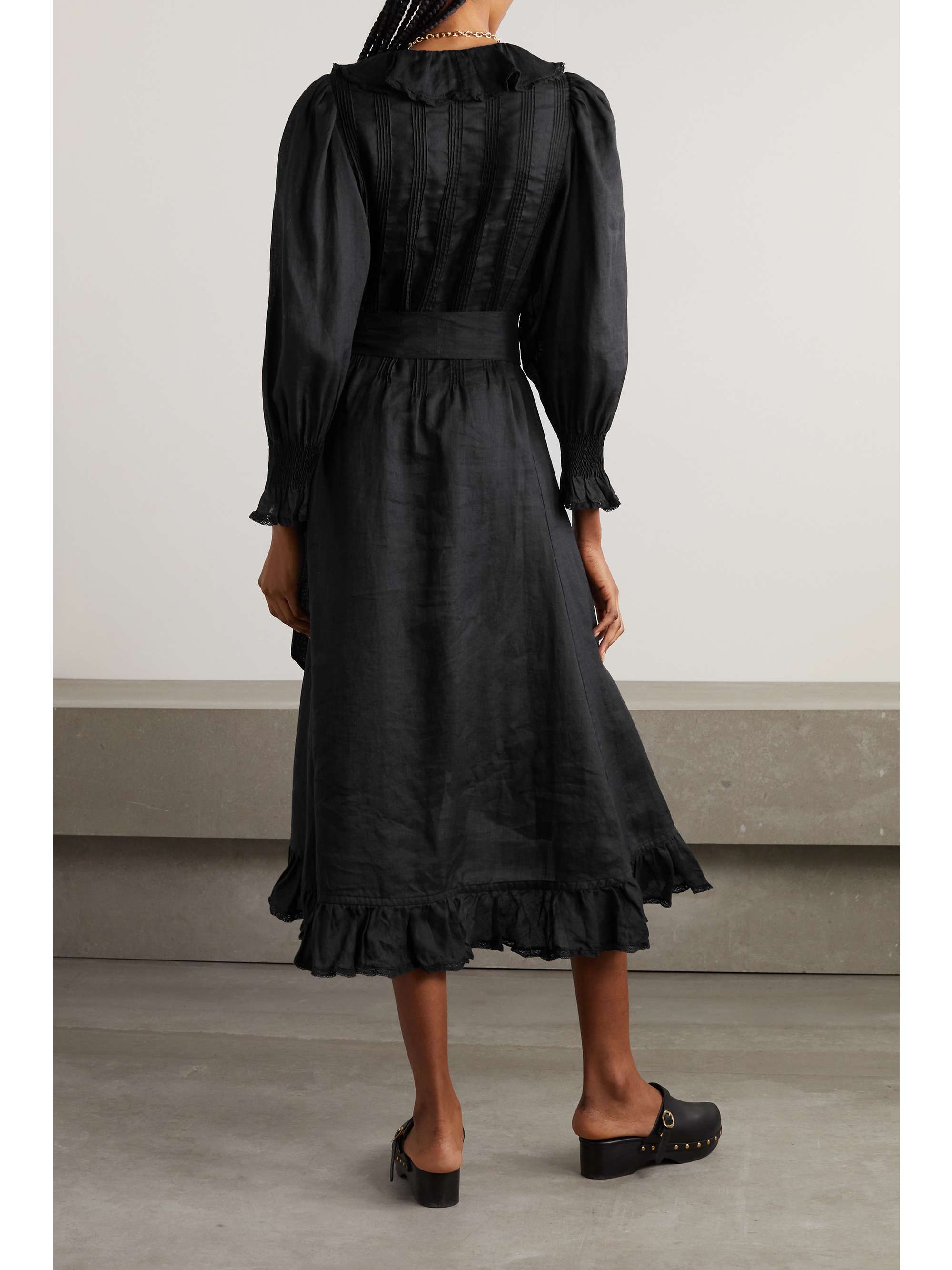 DÔEN Nadia belted ruffled ramie midi dress