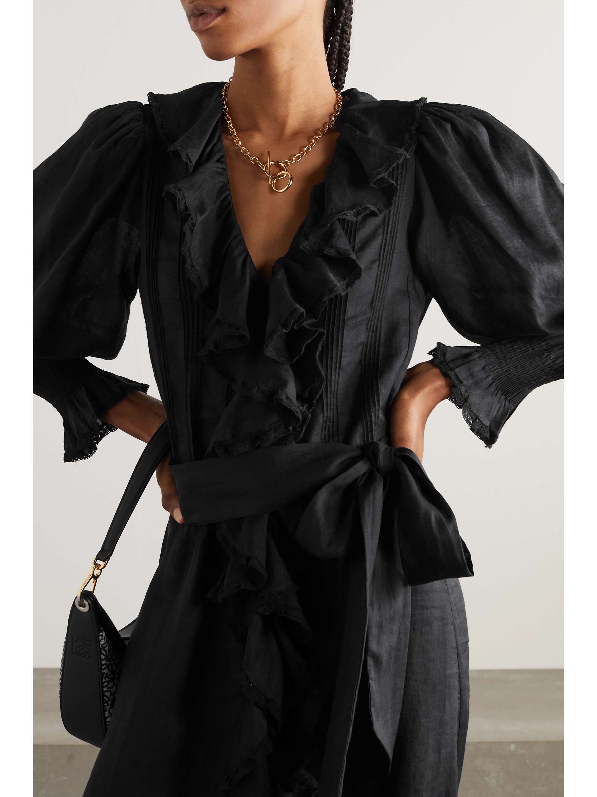 DÔEN Nadia belted ruffled ramie midi dress