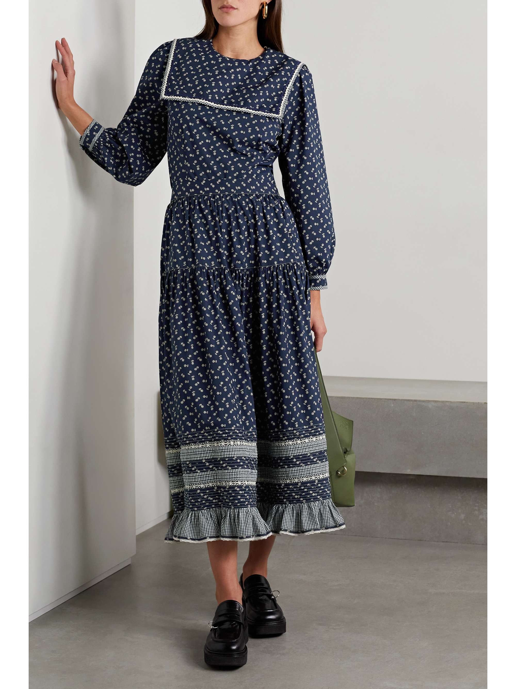 DÔEN Rosanna crochet lace-trimmed ruffled floral-print organic cotton-poplin midi skirt