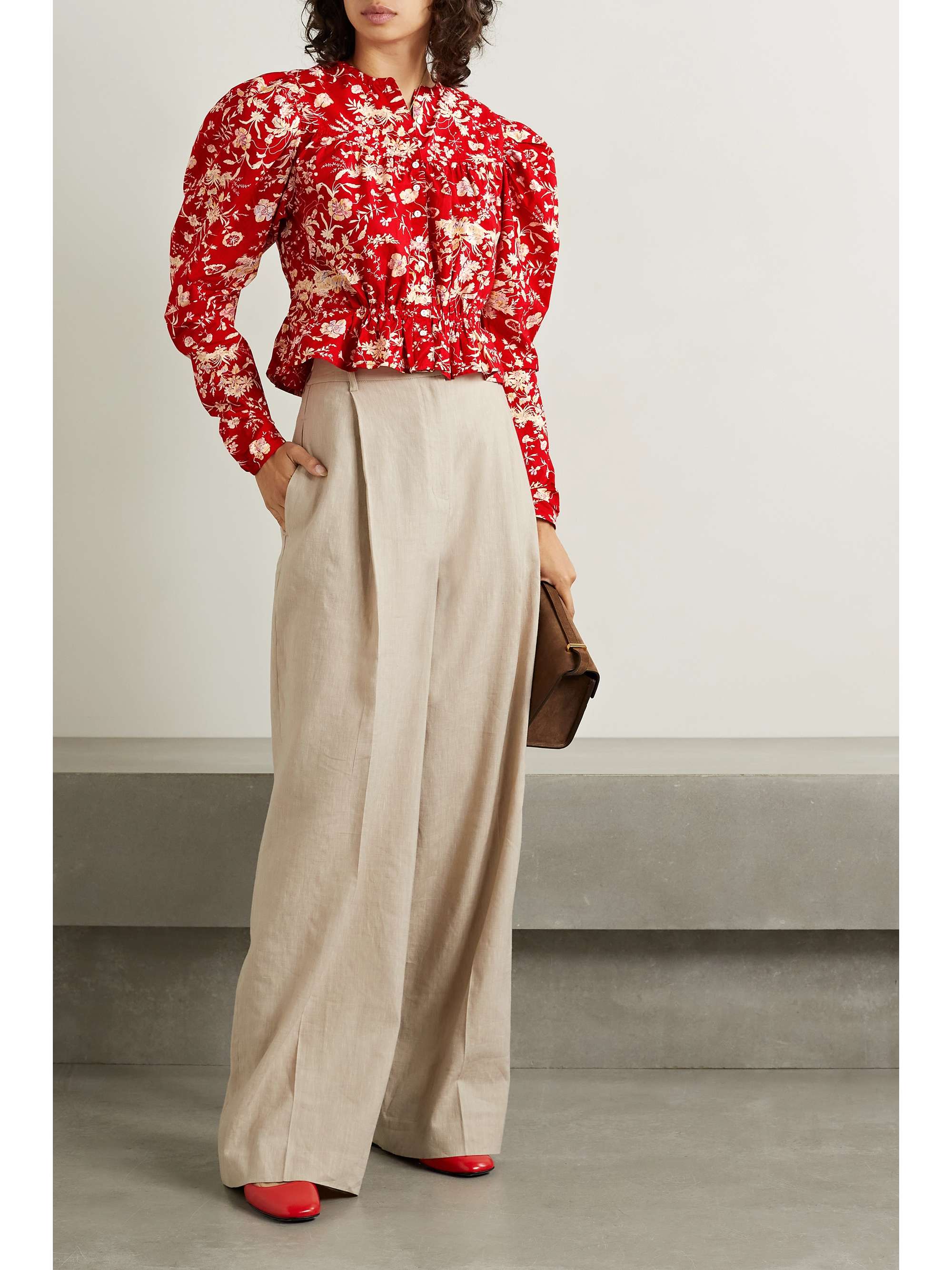 DÔEN Amelia gathered floral-print cotton-poplin top