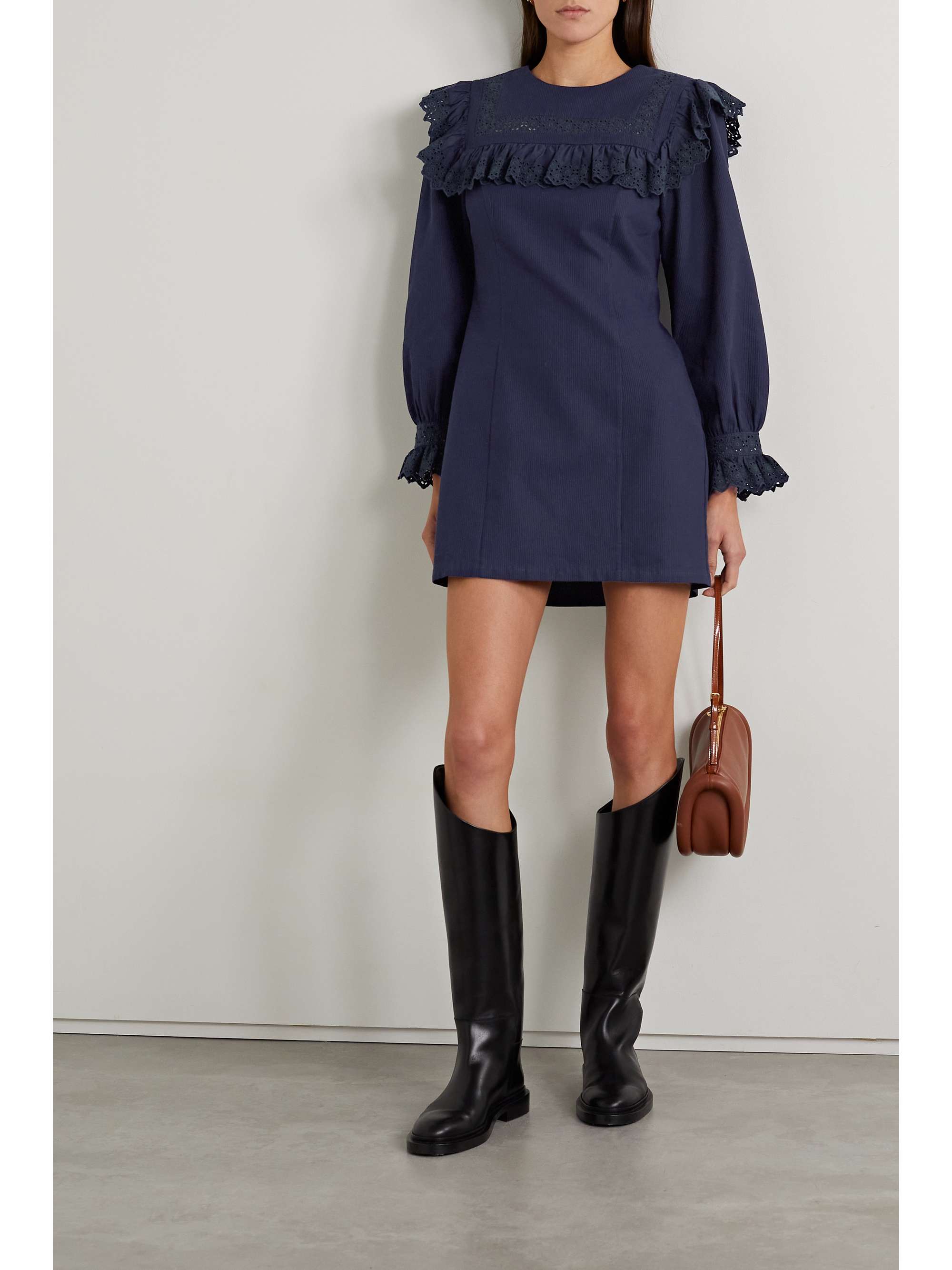 DÔEN Minore ruffled broderie anglaise-trimmed ribbed organic cotton mini dress