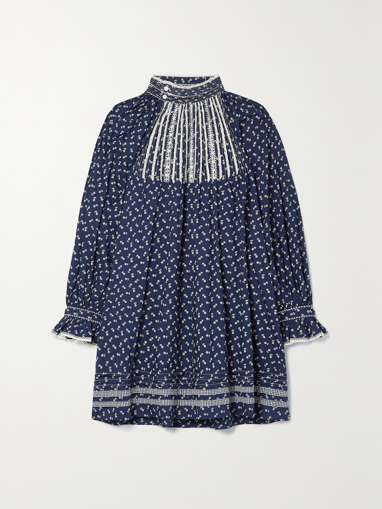 DÔEN - Beatrice Crochet Lace-trimmed Floral-print Organic Cotton-poplin Mini Dress - Blue