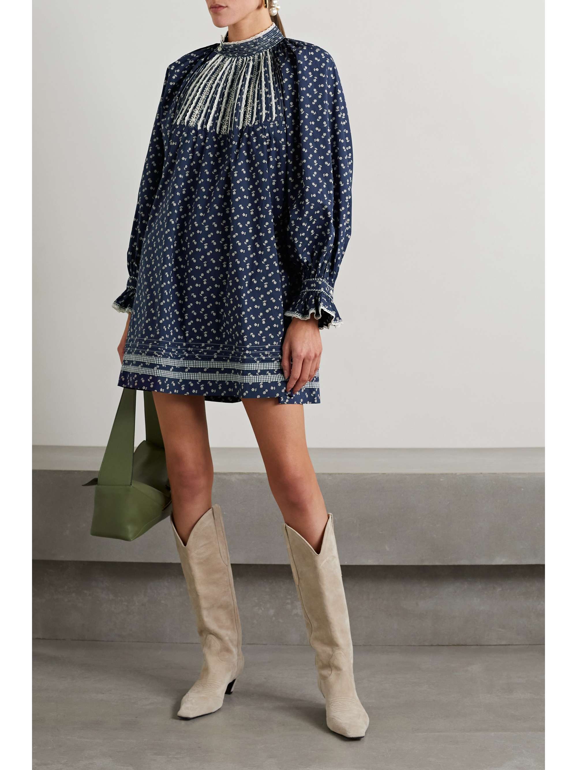 DÔEN Beatrice crochet lace-trimmed floral-print organic cotton-poplin mini dress