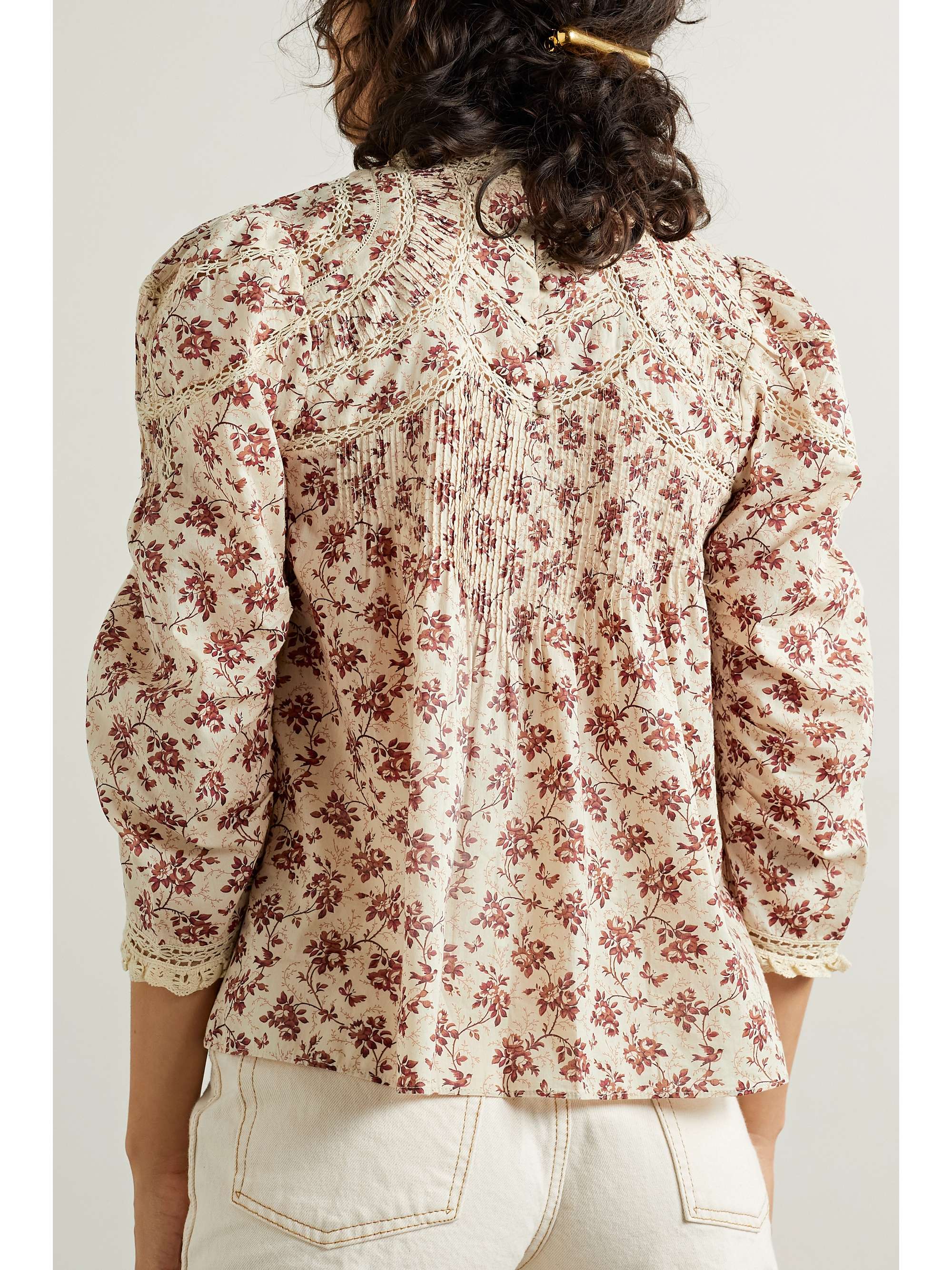 DÔEN Annette crochet lace-trimmed pintucked floral-print cotton-voile top