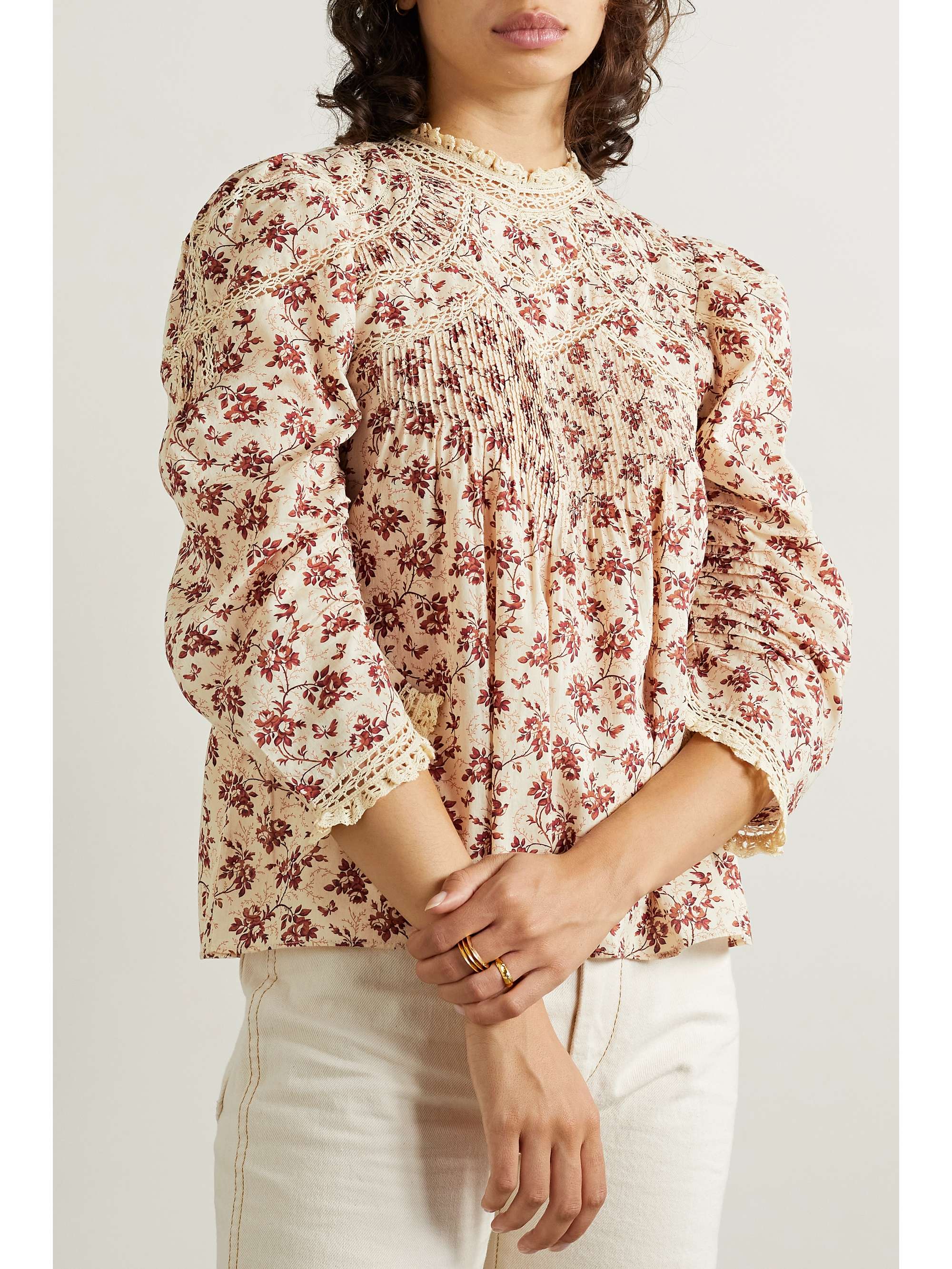 DÔEN Annette crochet lace-trimmed pintucked floral-print cotton-voile top