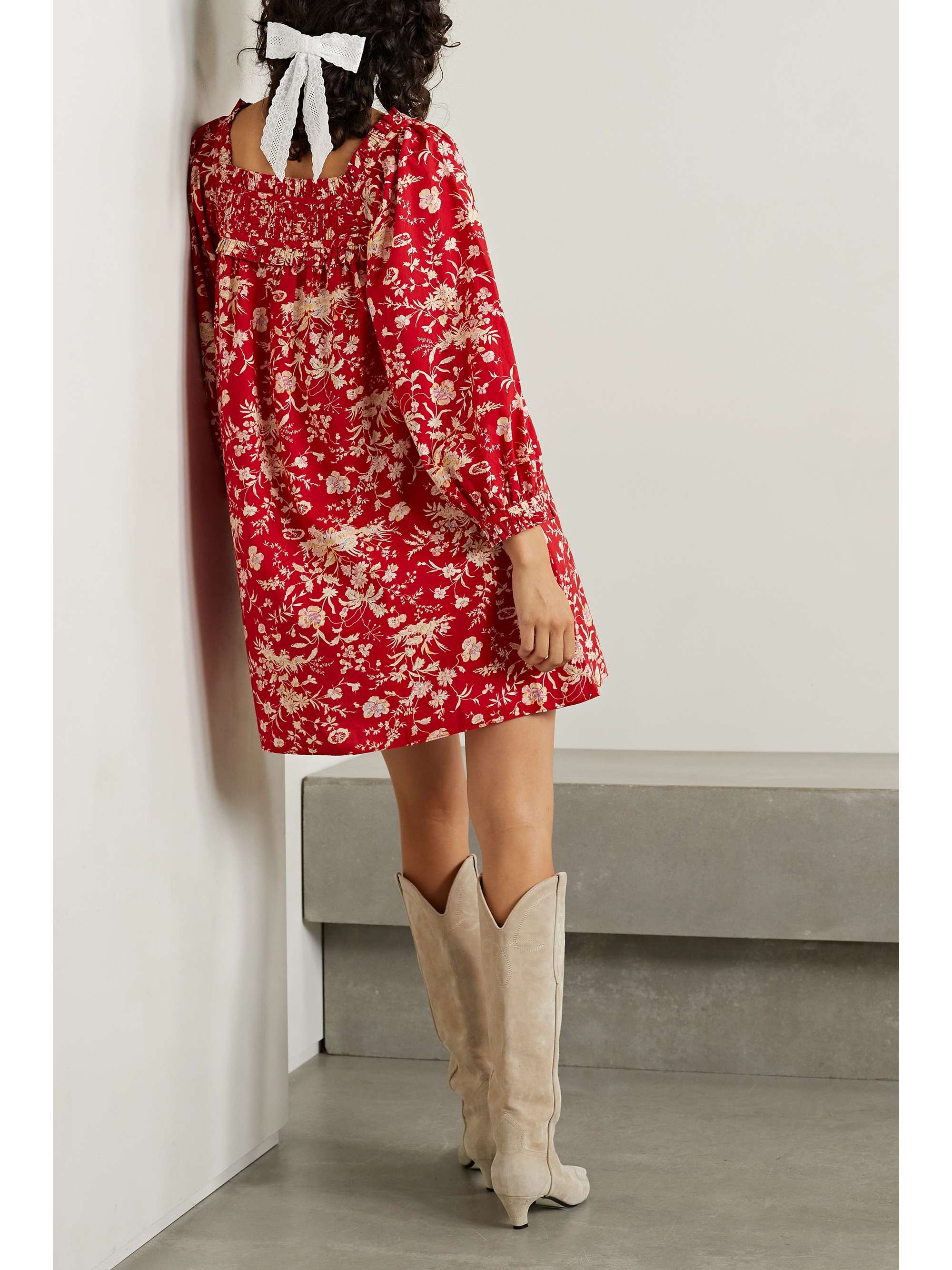 DÔEN Acton pintucked floral-print cotton-poplin mini dress