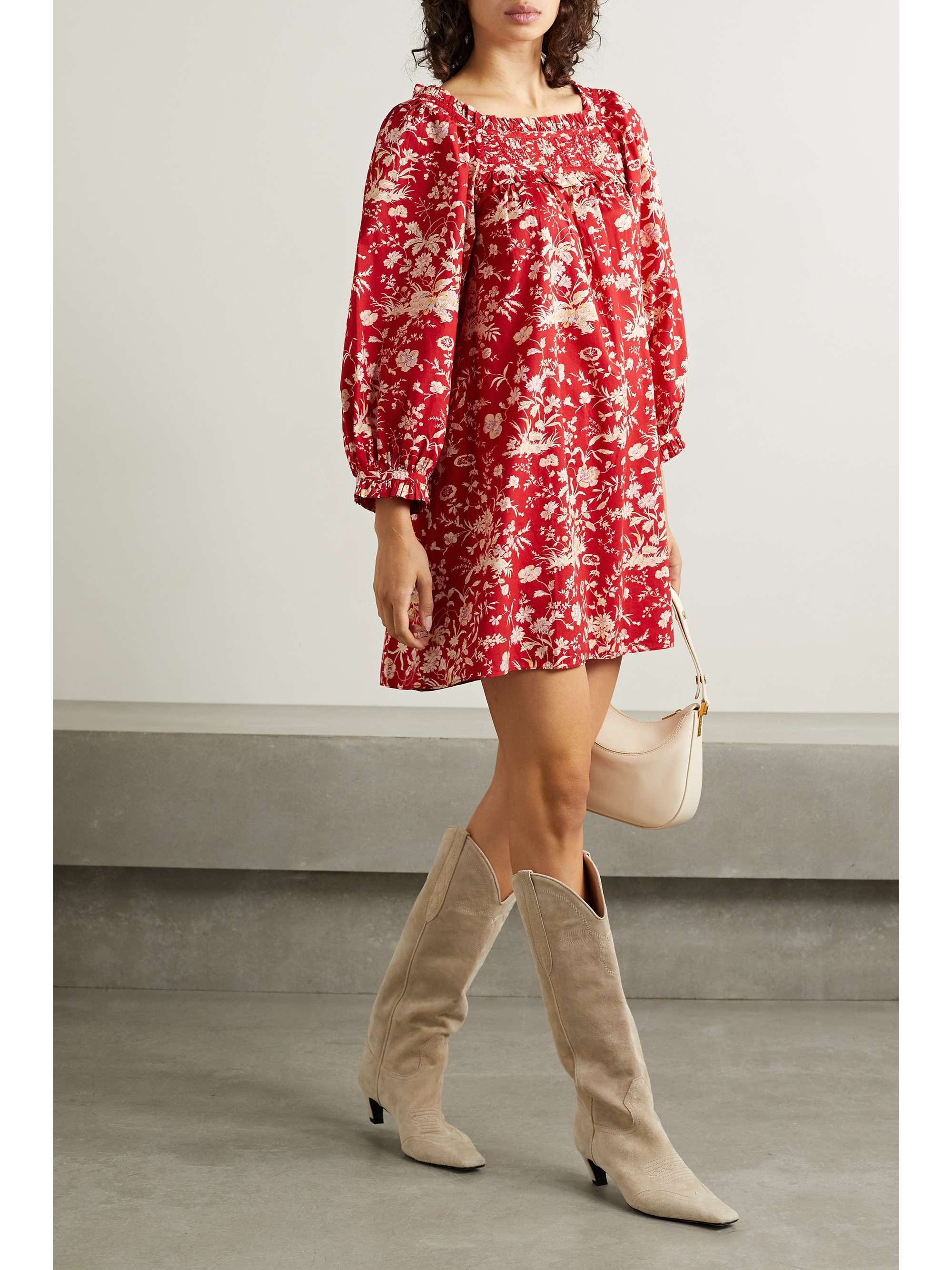 DÔEN Acton pintucked floral-print cotton-poplin mini dress