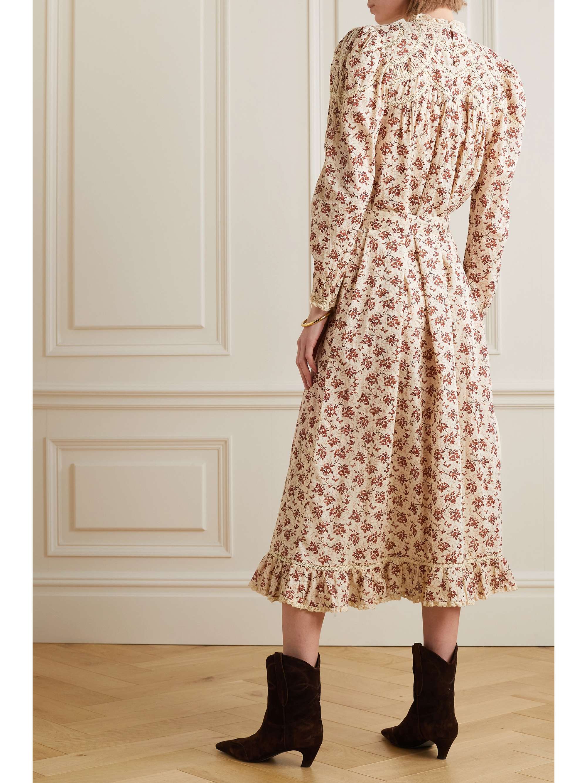 DÔEN Gabrielle lace-trimmed pintucked floral-print cotton-voile maxi dress