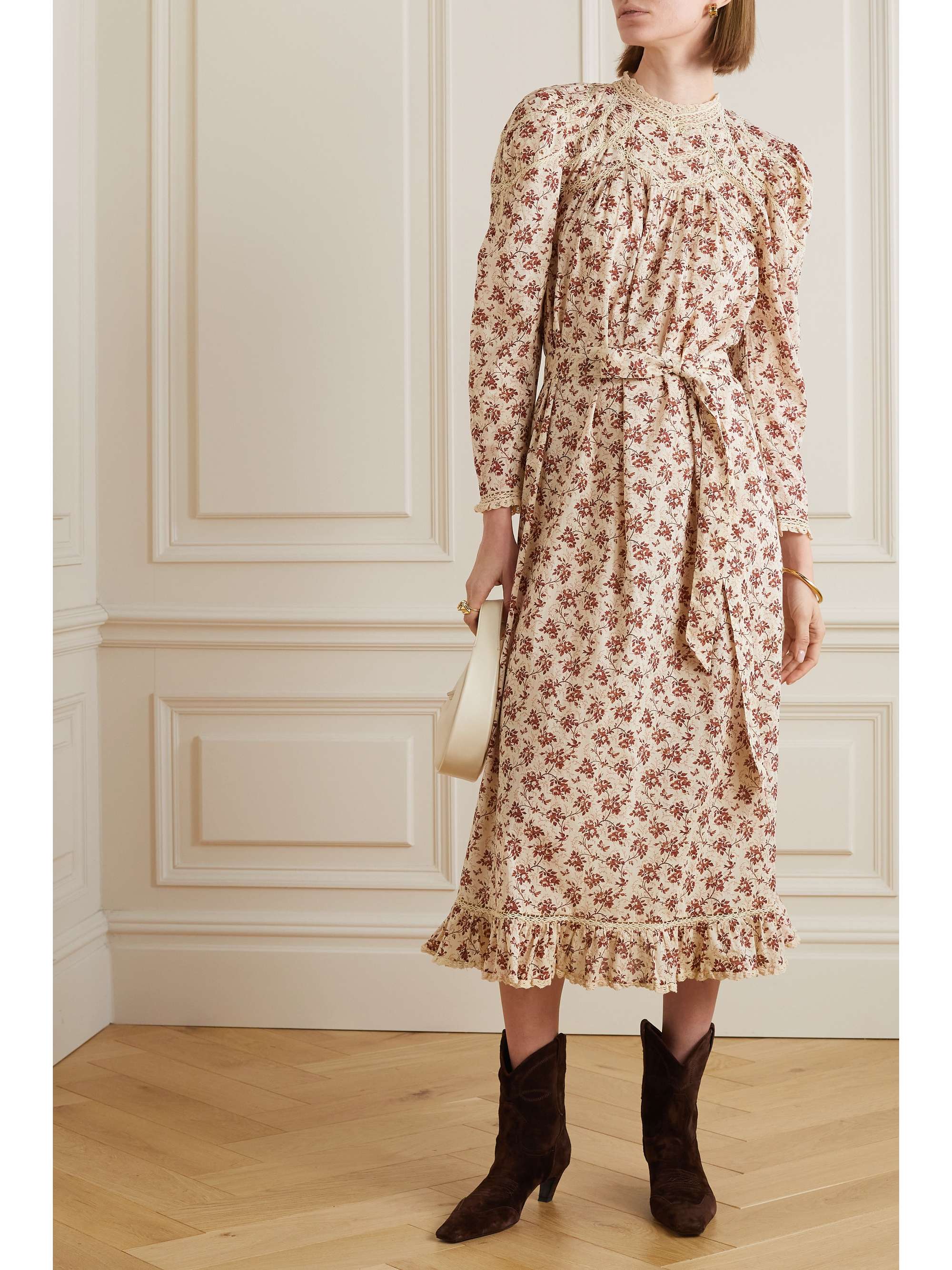 DÔEN Gabrielle lace-trimmed pintucked floral-print cotton-voile maxi dress