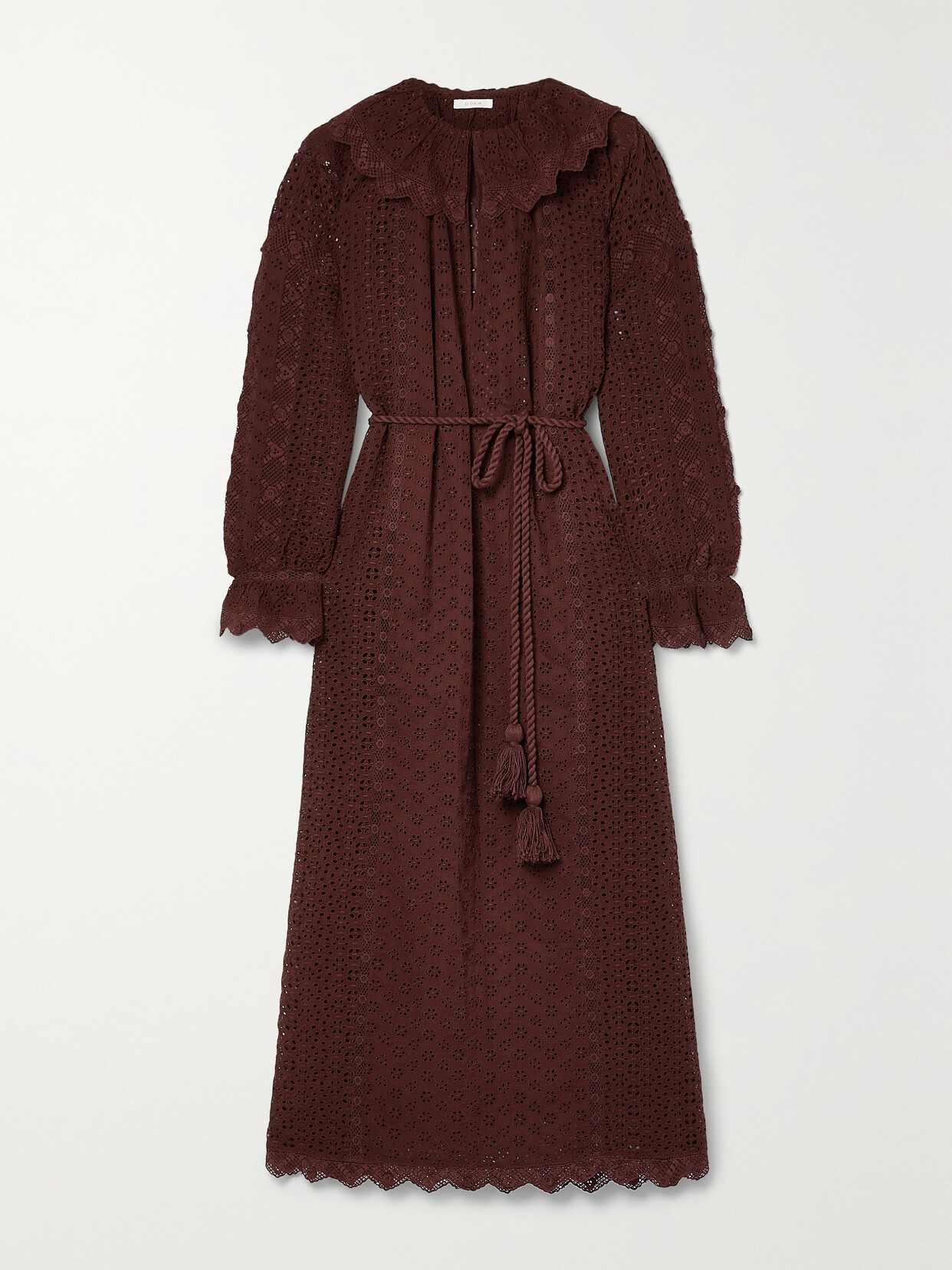 DÔEN Persephone Belted Broderie Anglaise Cotton Maxi Dress - Burgundy