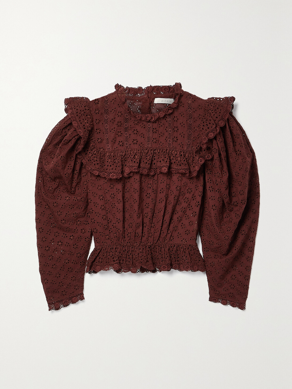 DÔEN Floryn Lace-trimmed Ruffled Broderie Anglaise Cotton Top - Burgundy