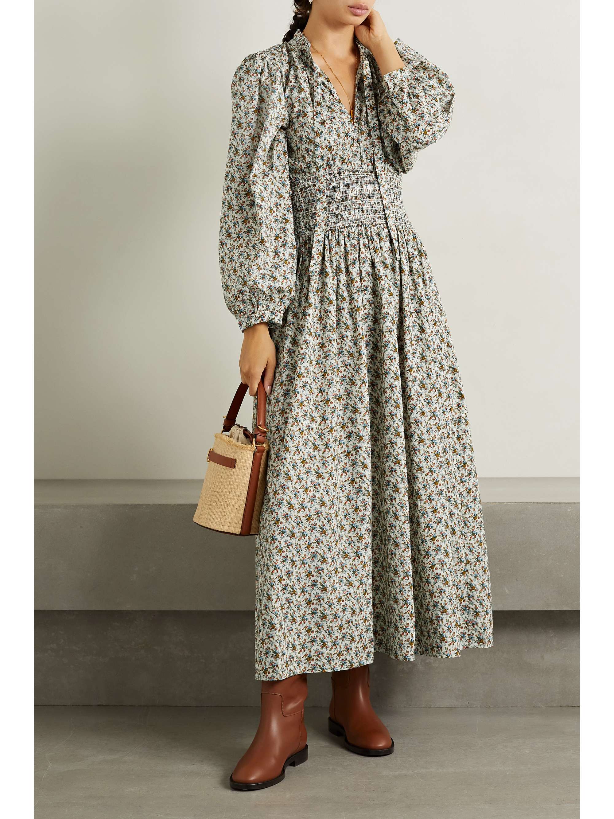 DÔEN Everly shirred floral-print cotton-poplin midi dress