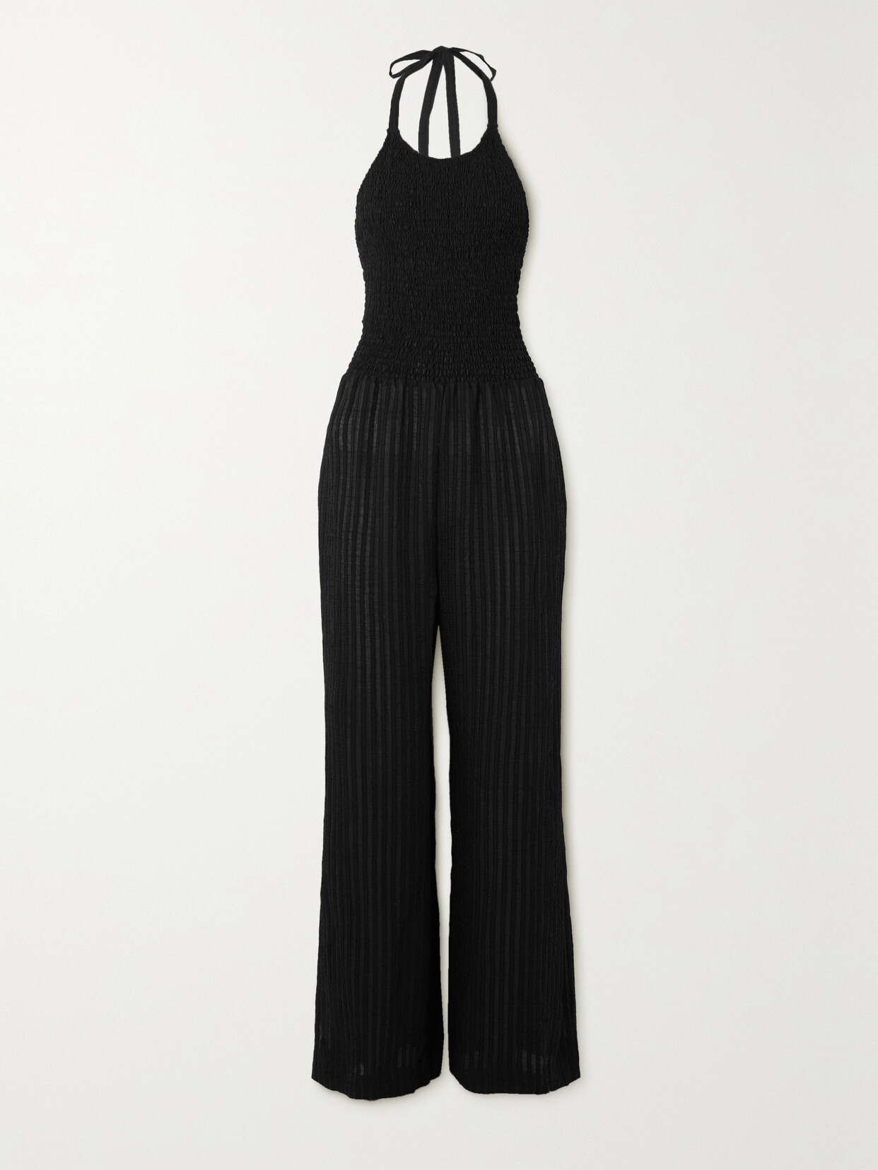 Three Graces London Shefali Shirred-bodice Striped Seersucker Jumpsuit In Black