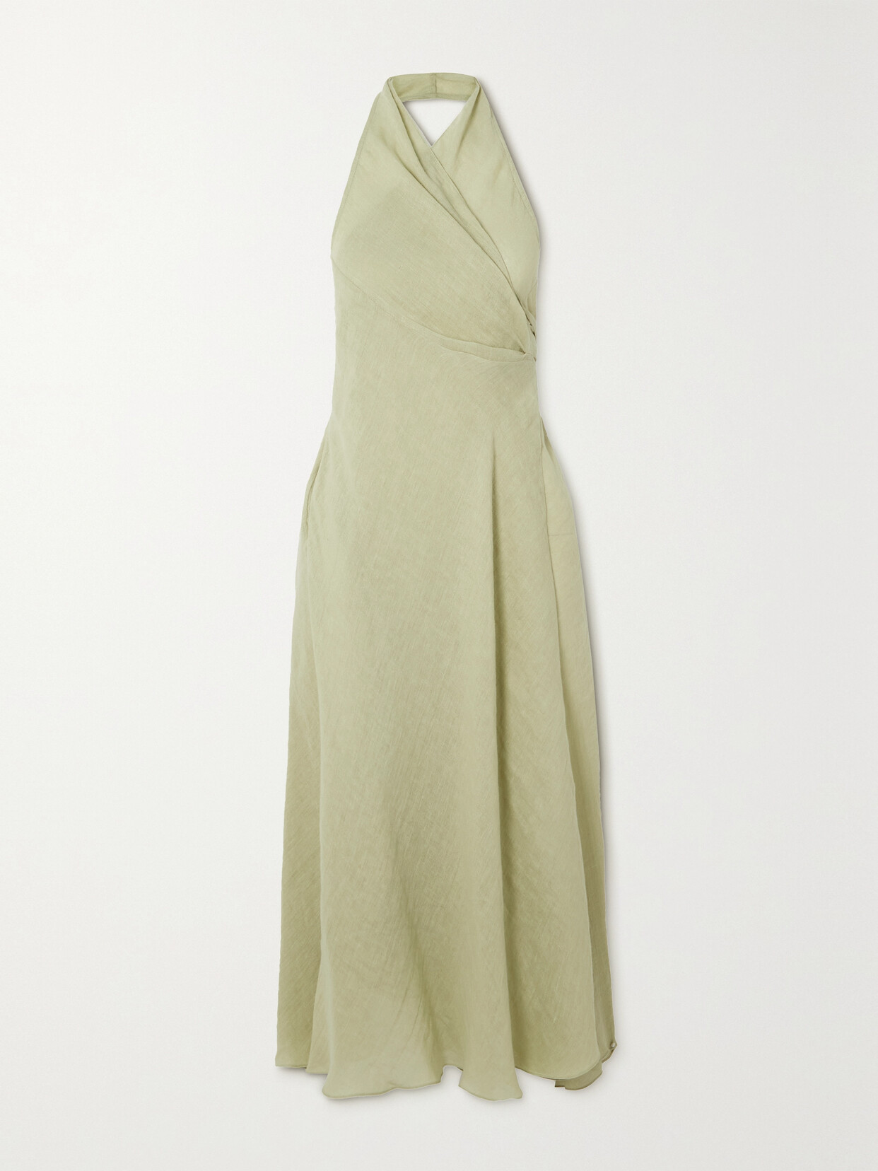 Three Graces London Yara Crossover Linen-blend Halterneck Midi Dress In Green