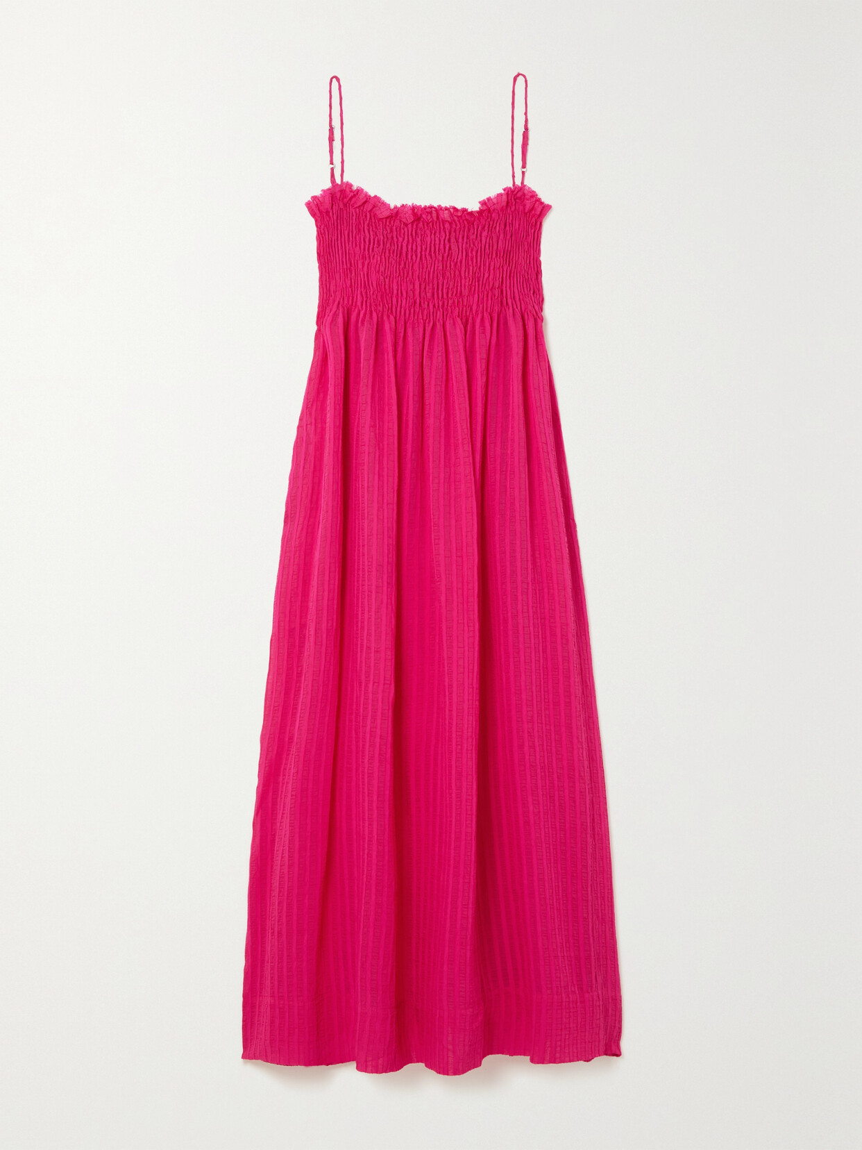 Three Graces London Farah Shirred Striped Seersucker Maxi Dress In Magenta