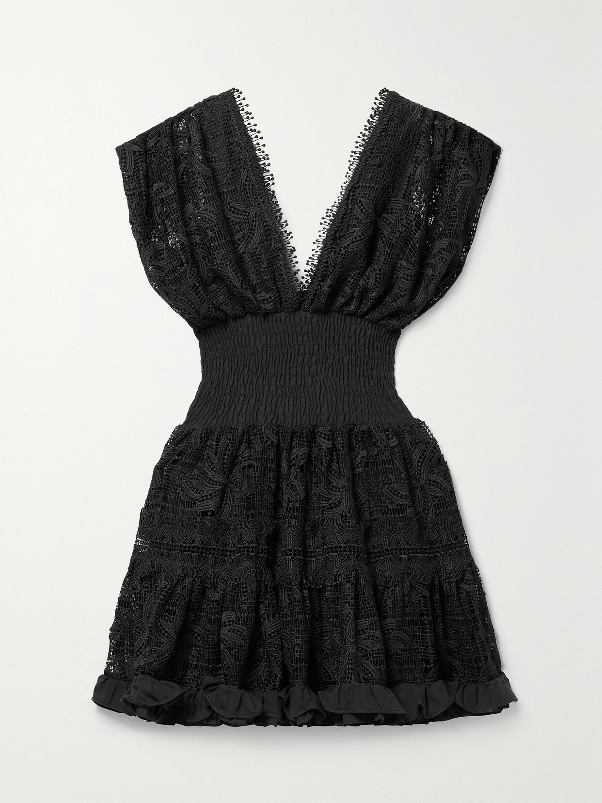 WAIMARI - Alicia Shirred Guipure Lace Mini Dress - Black