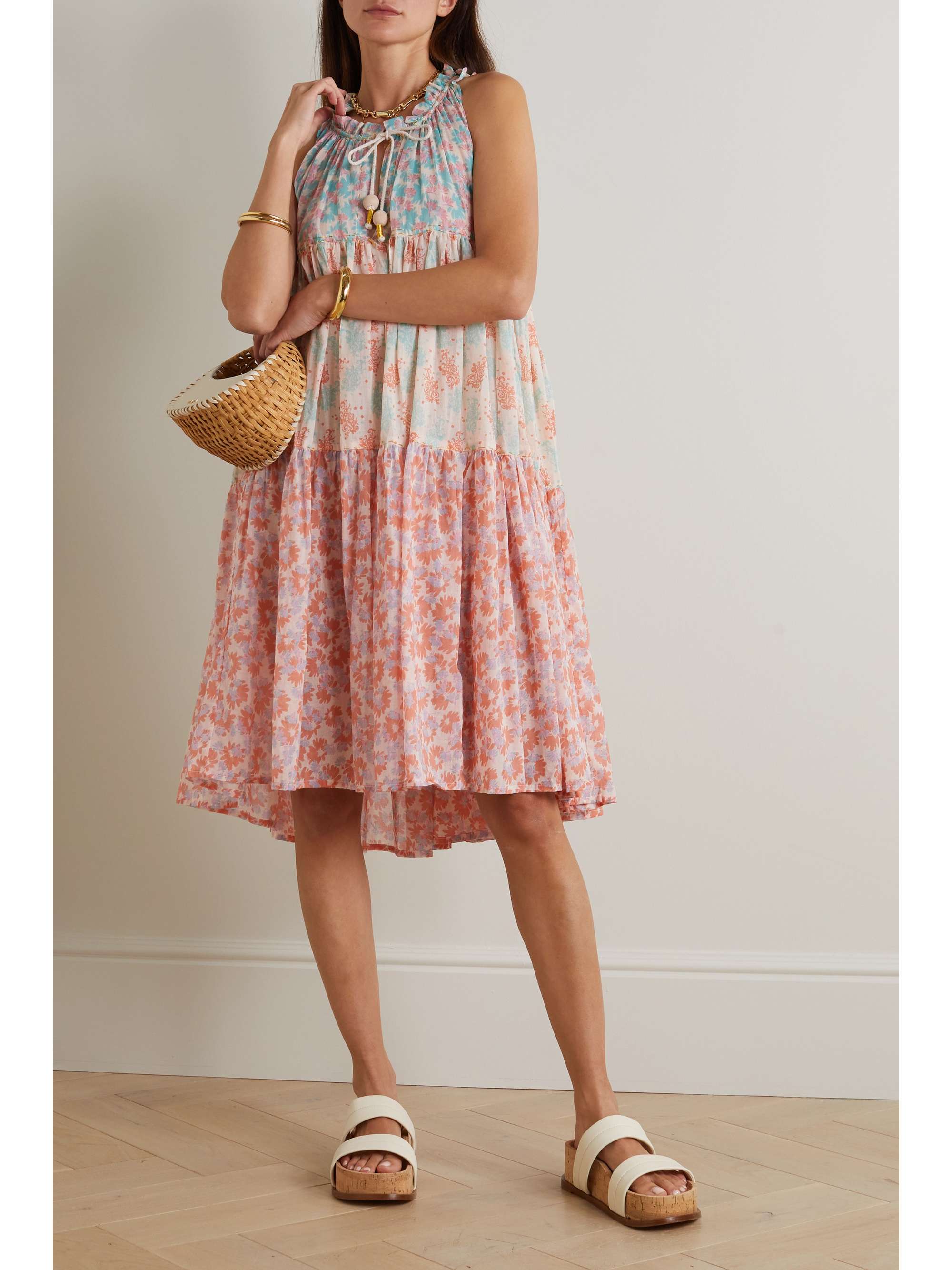 Tiered printed cotton-voile dress