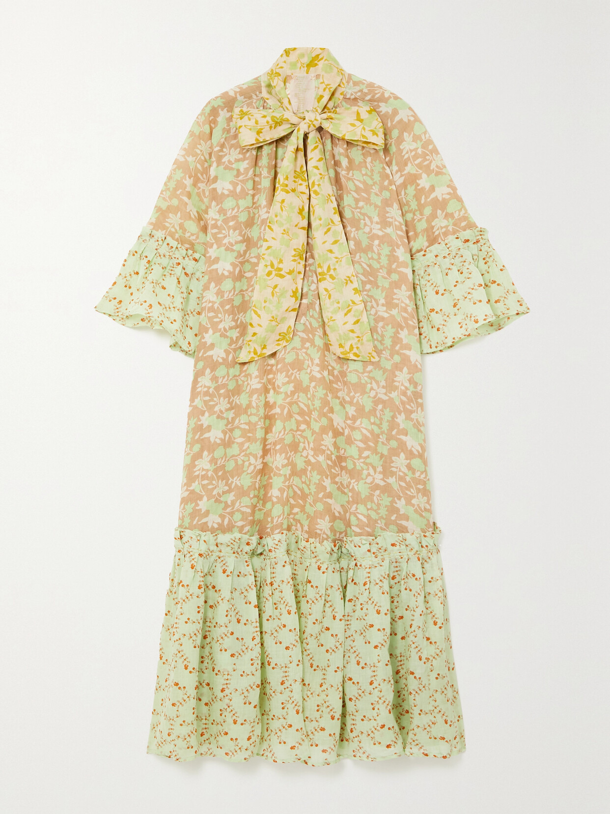Yvonne S Angelica Pussy-bow Tiered Printed Linen Maxi Dress - Green