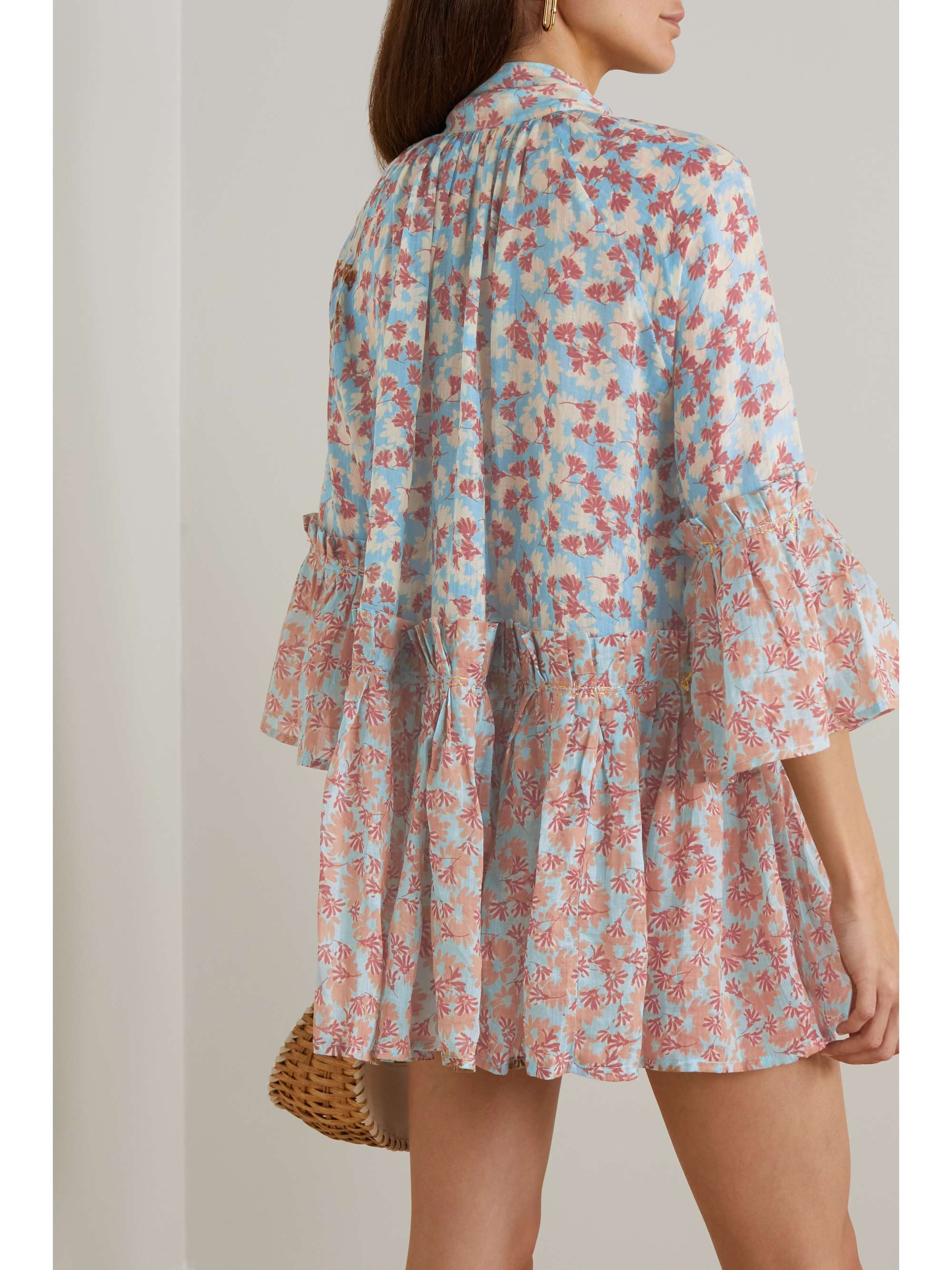 YVONNE S Angelica pussy-bow gathered printed linen mini dress