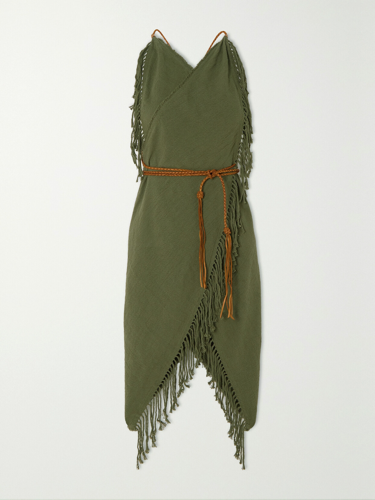 Caravana - + Net Sustain Misol Ha Fringed Leather-trimmed Cotton Mini Wrap Dress - Green