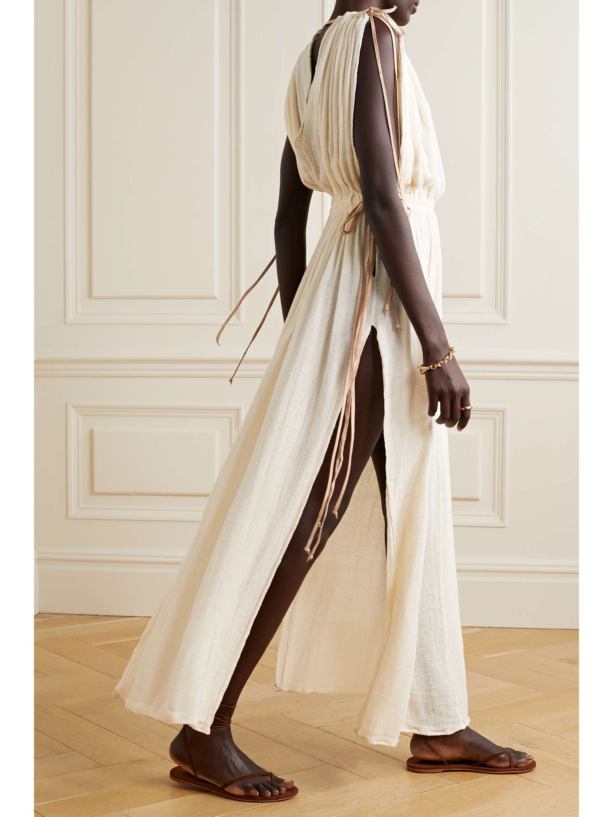 CARAVANA Kiuic draped leather-trimmed cotton-gauze maxi dress