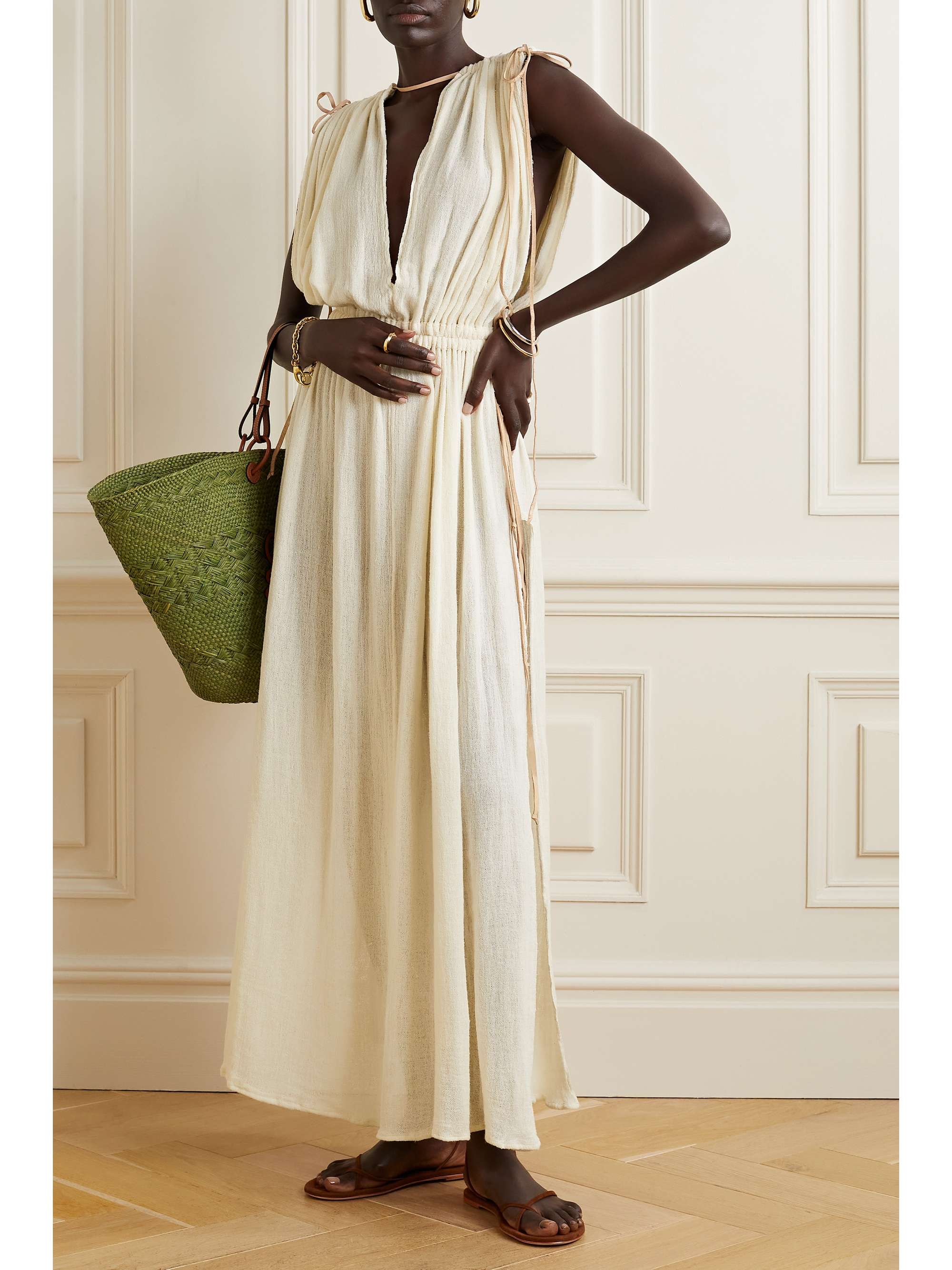 CARAVANA Kiuic draped leather-trimmed cotton-gauze maxi dress