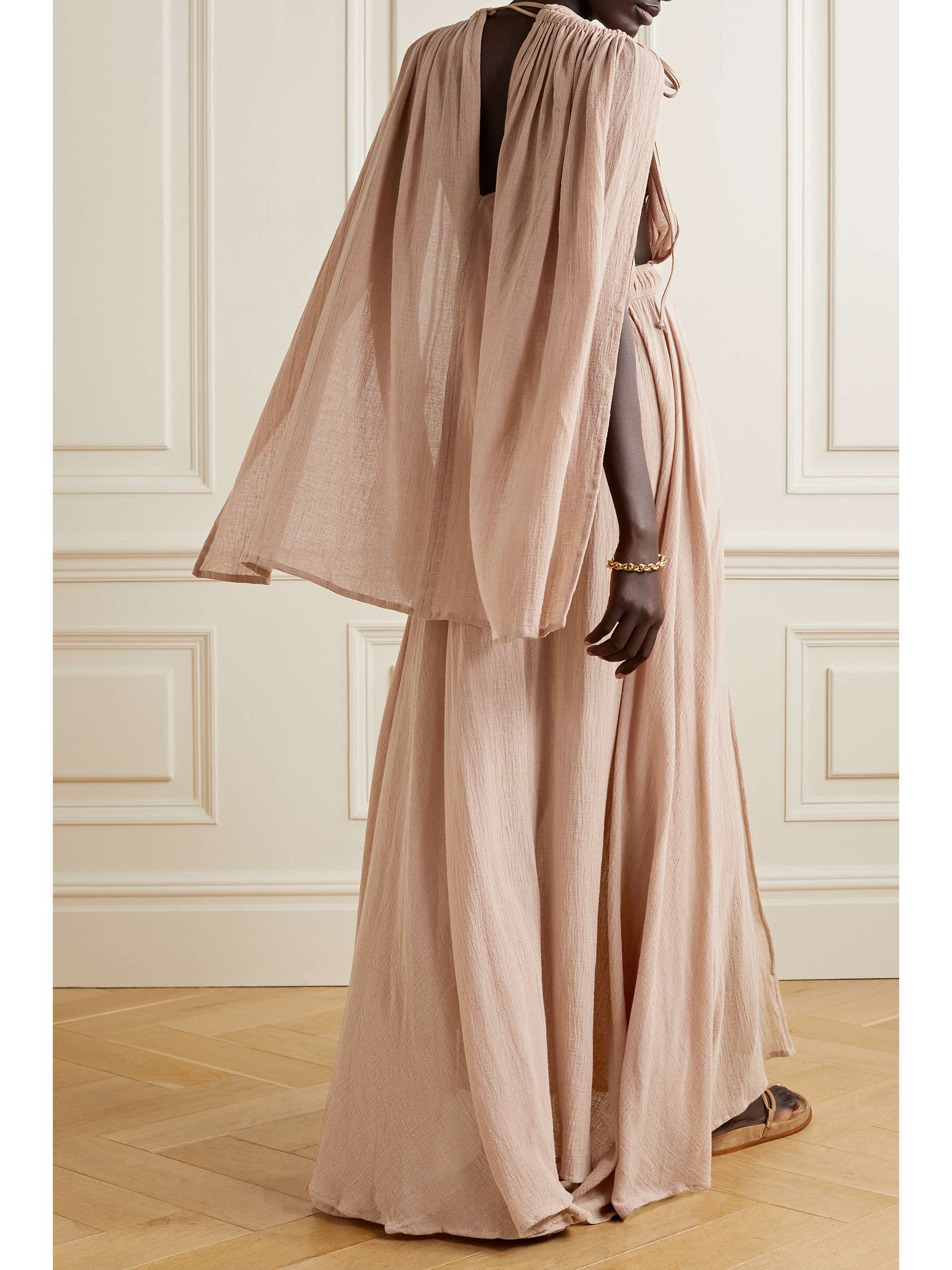 CARAVANA ChalTuni capeeffect leathertrimmed cottongauze maxi dress