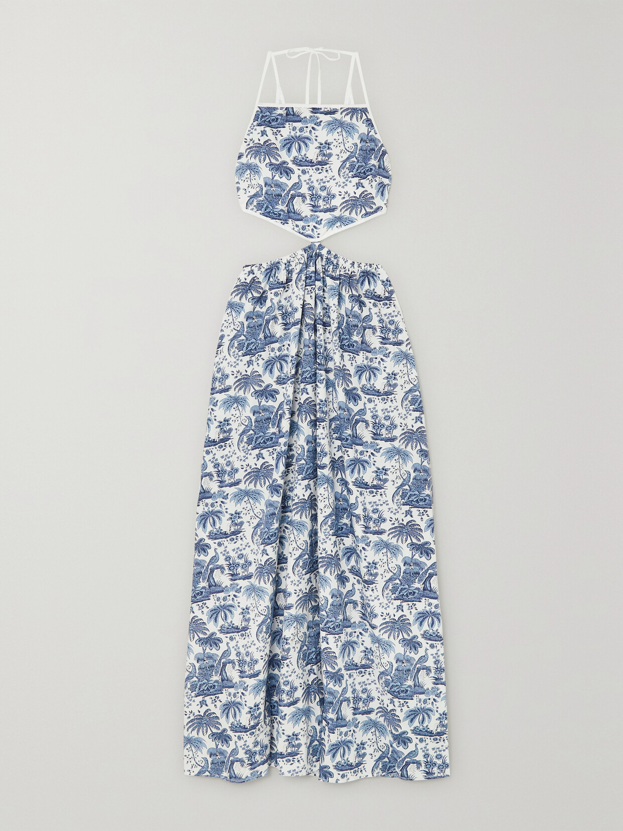 STAUD - Myla Halterneck Cutout Printed Cotton-blend Poplin Maxi Dress - Blue