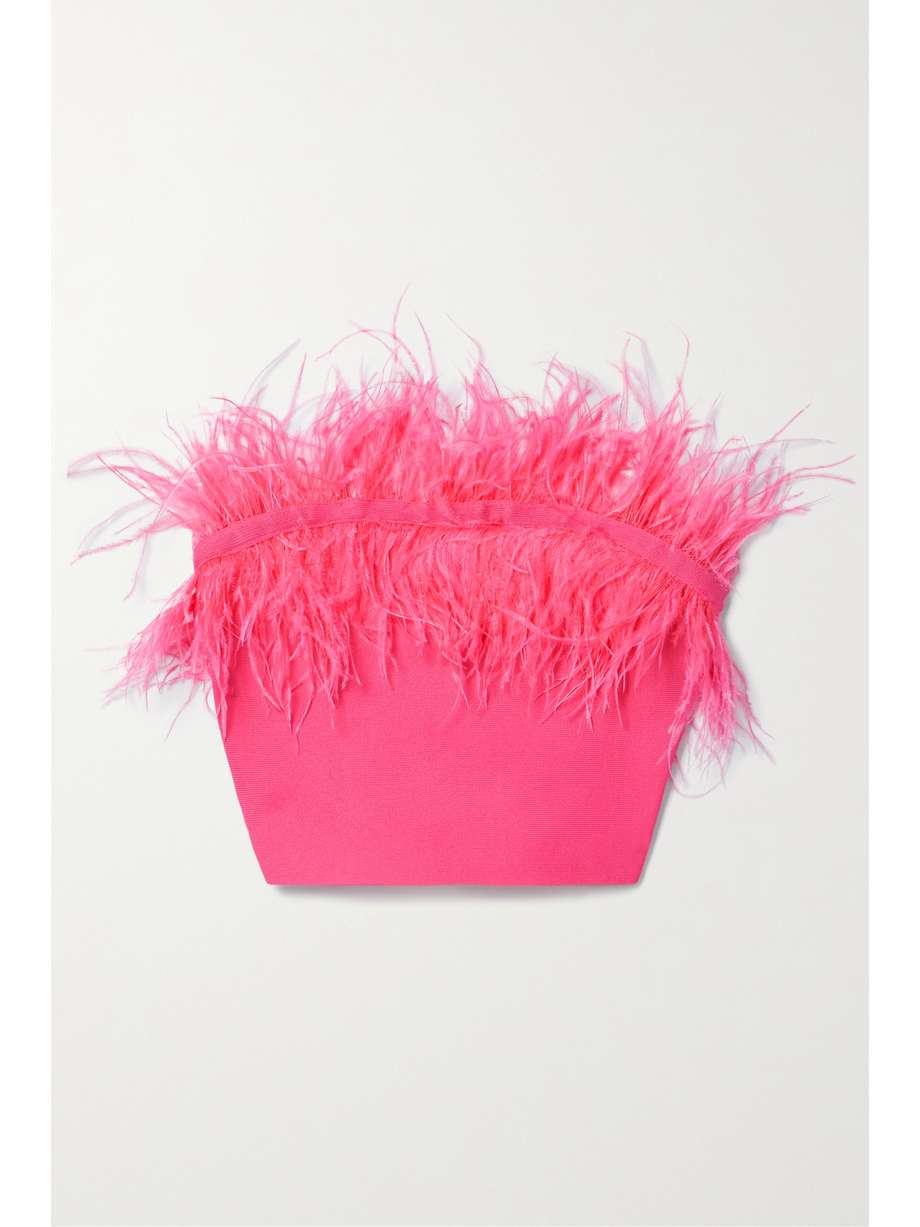 STAUD NELLIE STRAPLESS CROPPED FEATHER-TRIMMED KNITTED TOP