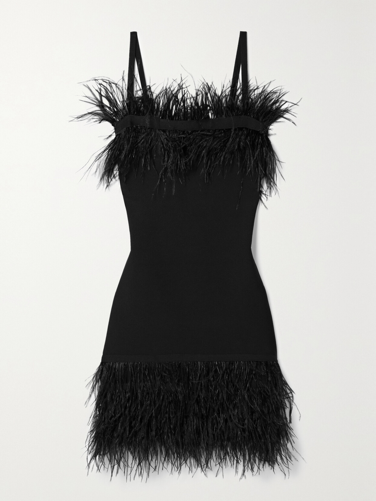 STAUD - Etta Feather-trimmed Knitted Mini Dress - Black