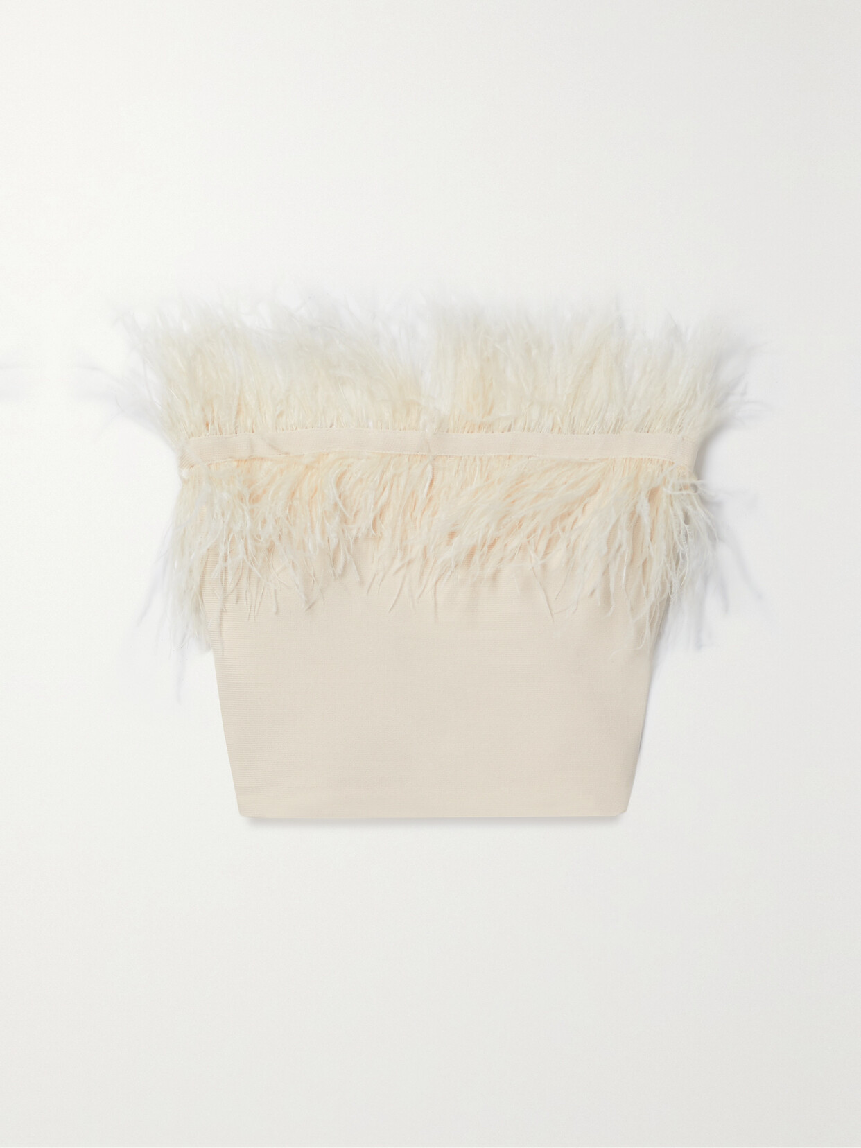 STAUD - Nellie Strapless Cropped Feather-trimmed Knitted Top - Ivory