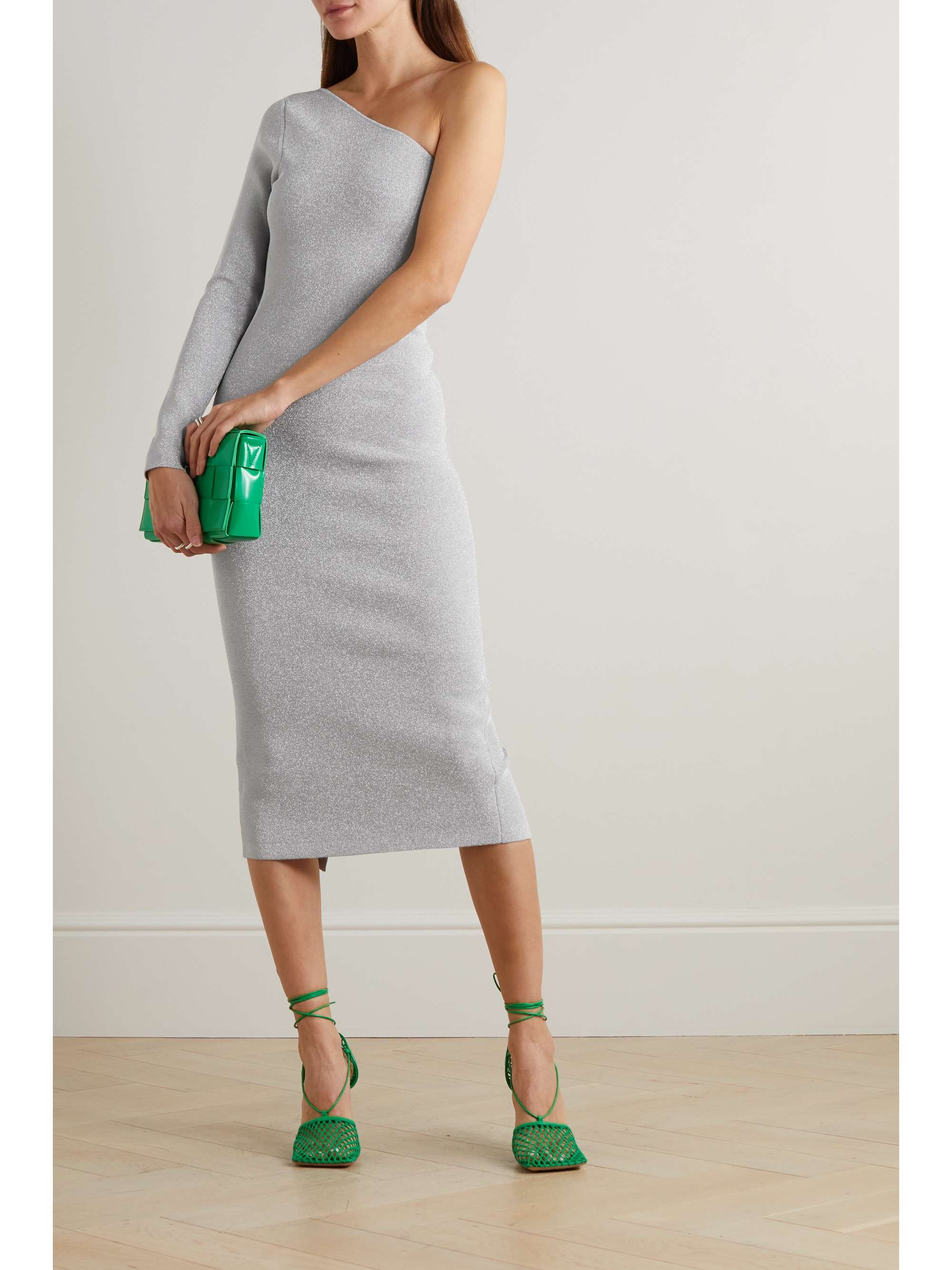 VICTORIA BECKHAM VB BODY ONE-SHOULDER METALLIC LUREX MIDI DRESS