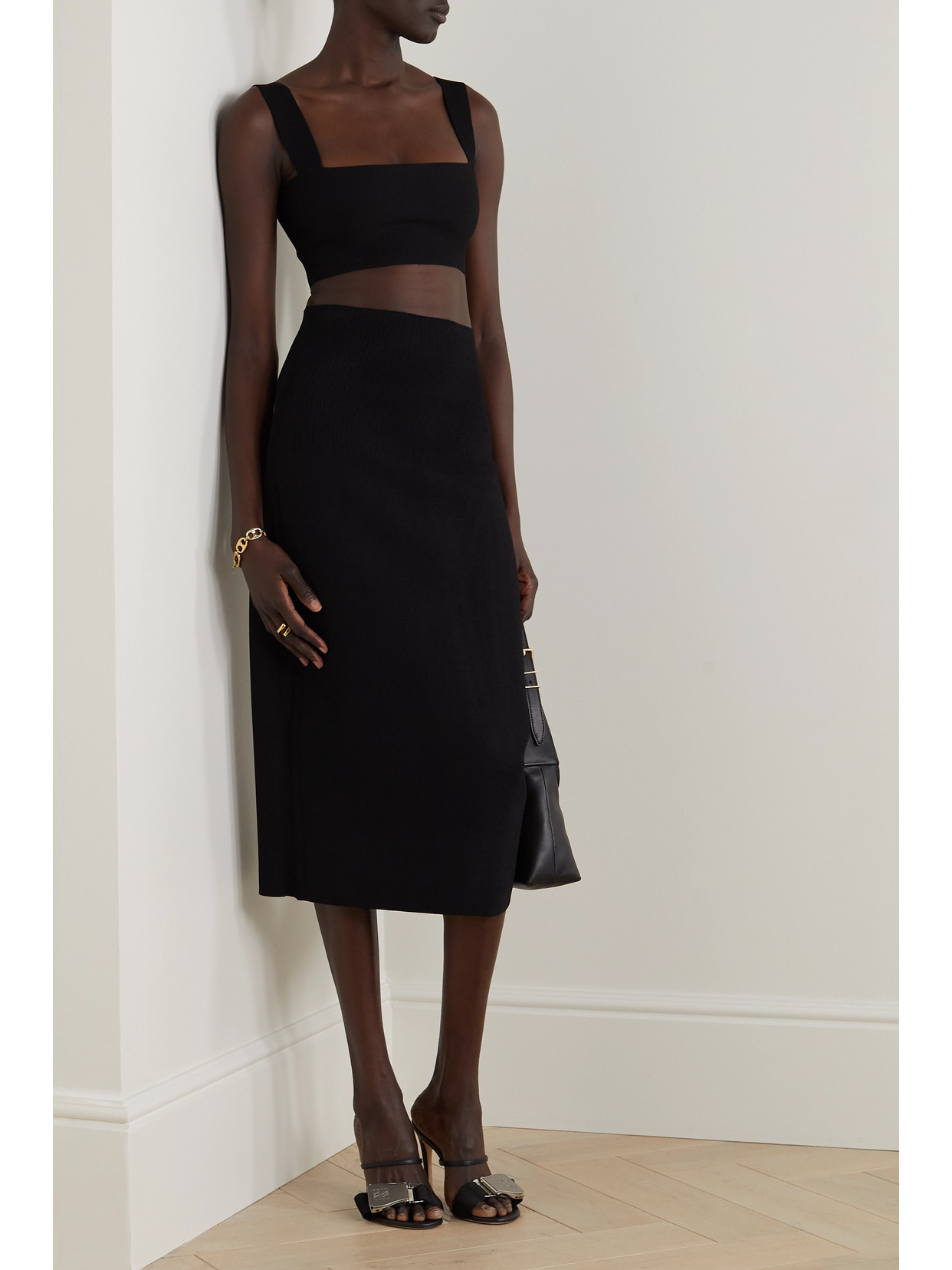 Shop Victoria Beckham Vb Body Ribbed Stretch-knit Midi Skirt In Black