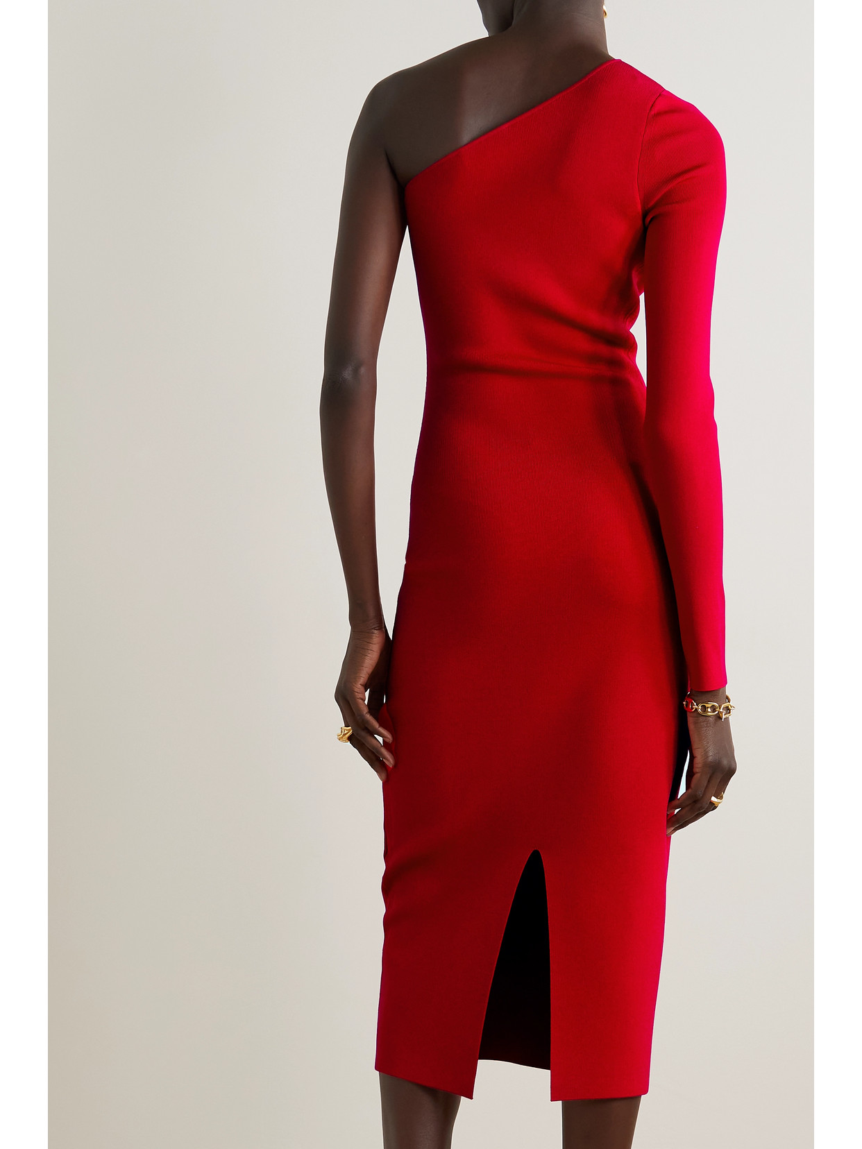 Shop Victoria Beckham Vb Body One-shoulder Stretch-knit Midi Dress In Red