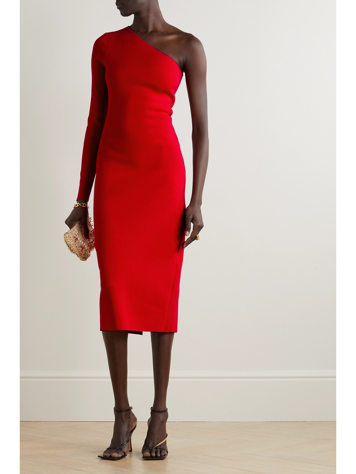 Shop Victoria Beckham Vb Body One-shoulder Stretch-knit Midi Dress In Red