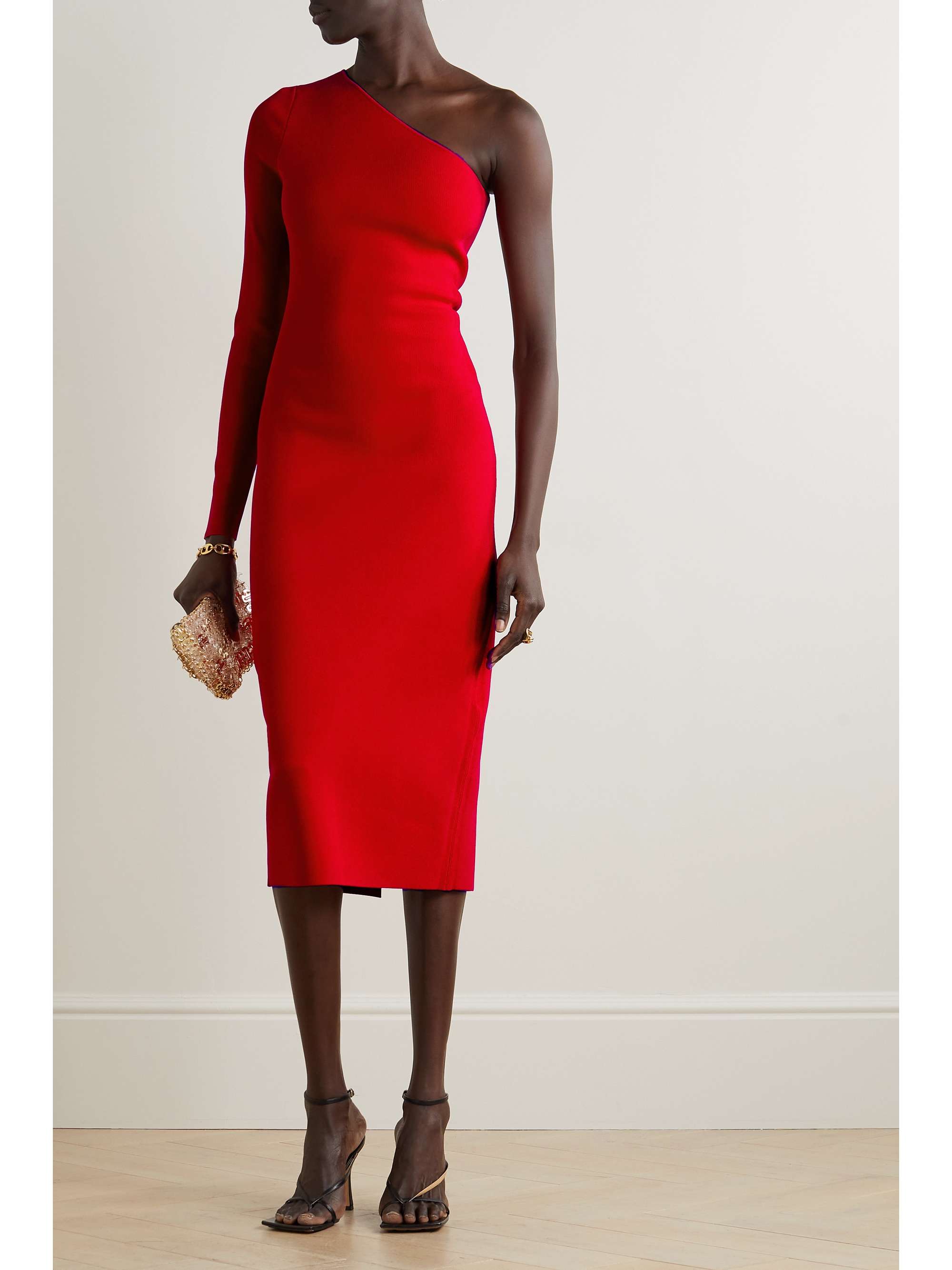 Victoria Beckham One-sleeve Stretch-woven Midi Dress In Red