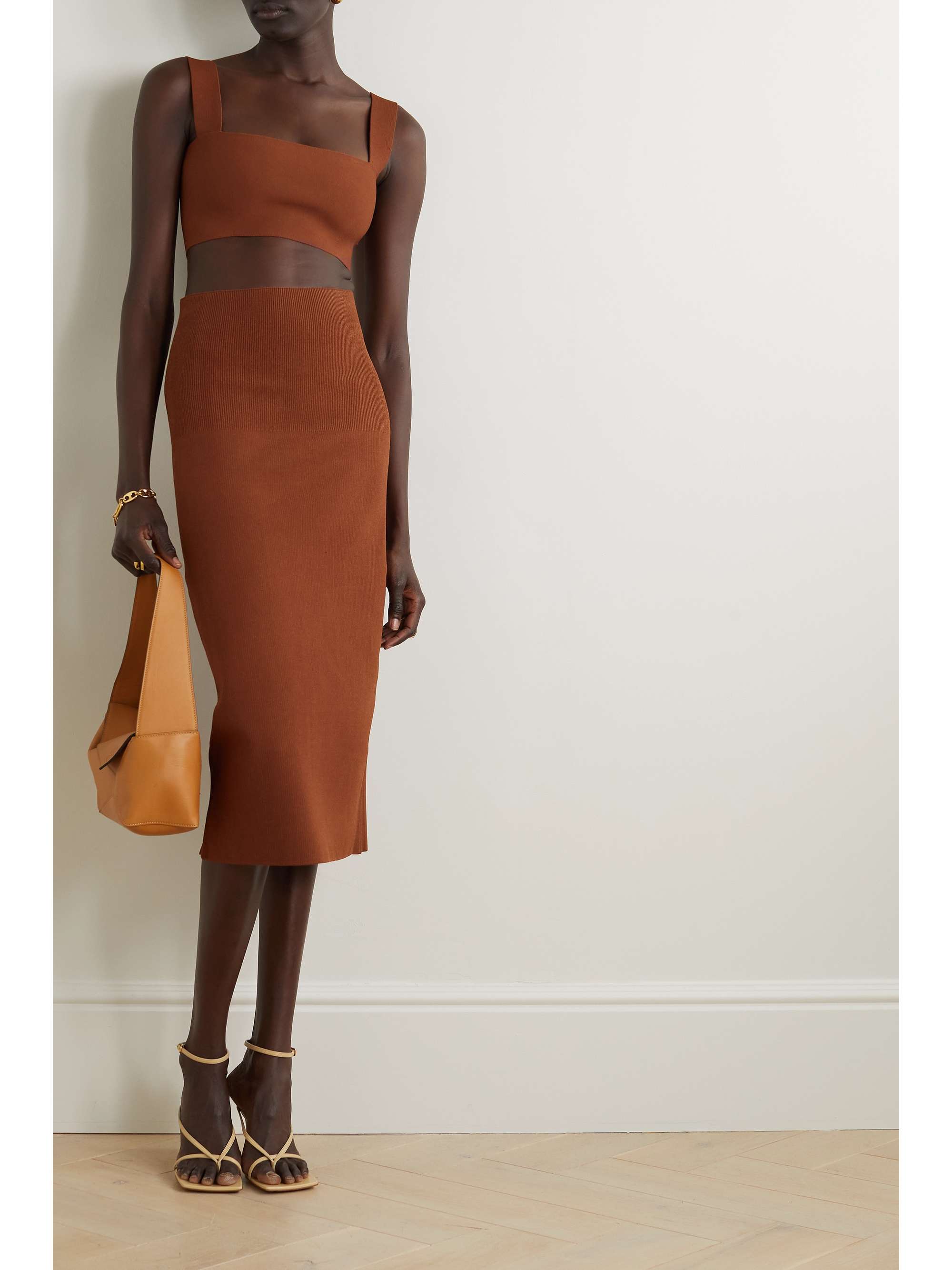 Brown VB Body ribbed stretch-knit midi skirt | VICTORIA BECKHAM | NET-A ...