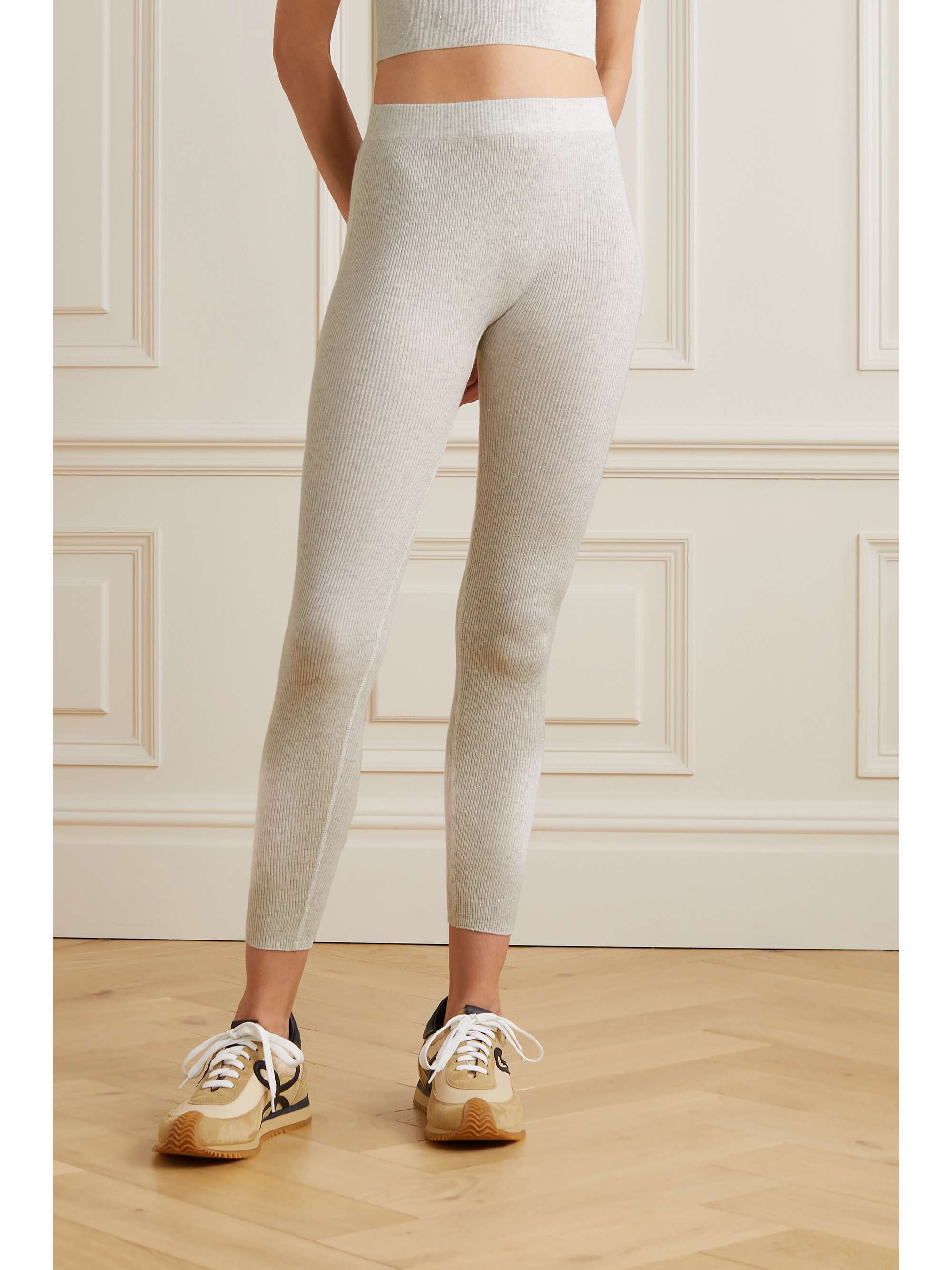 BRUNELLO CUCINELLI Cropped metallic ribbed-knit leggings