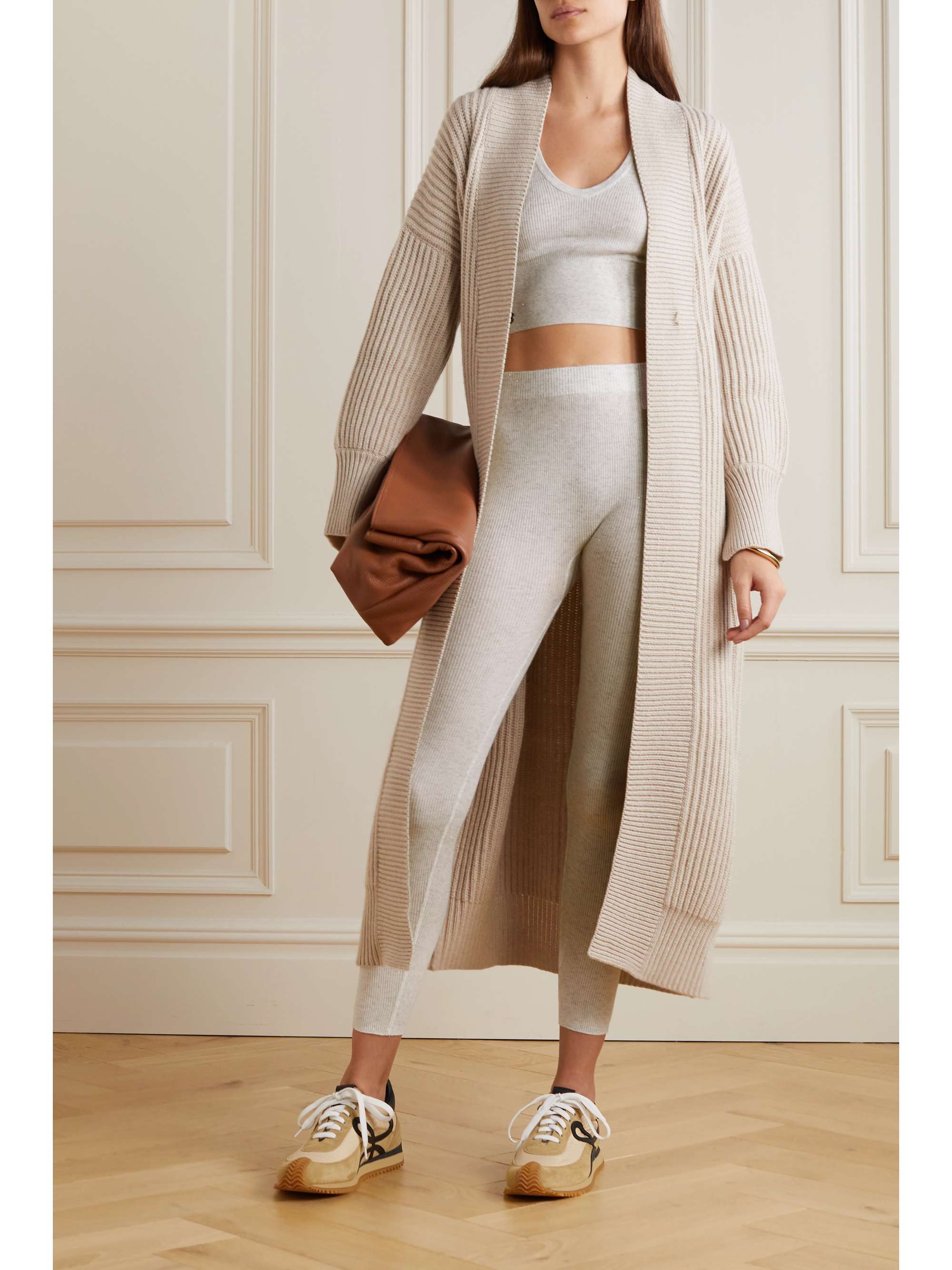 BRUNELLO CUCINELLI Cropped metallic ribbed-knit leggings