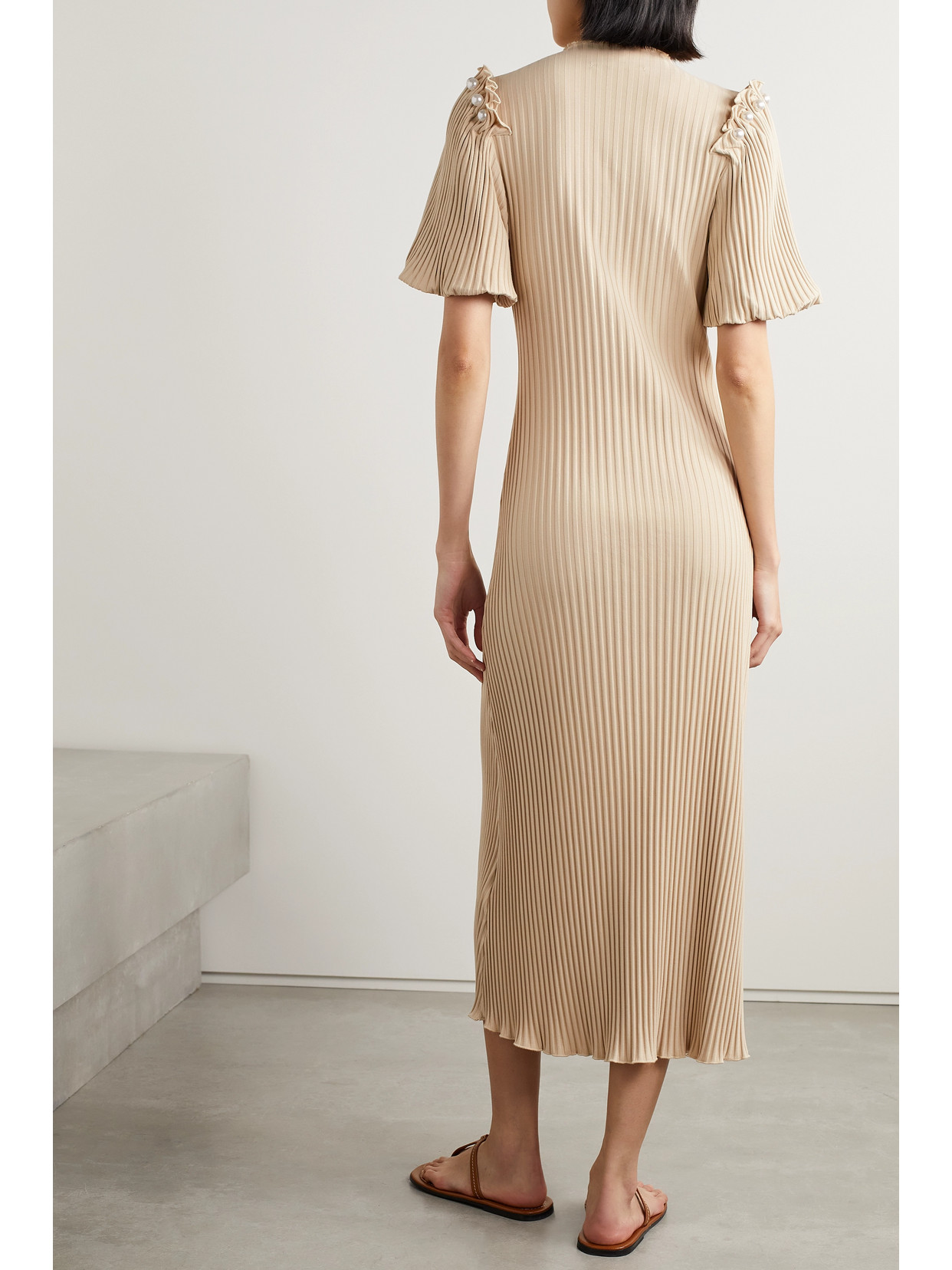 Mother Of Pearl Orla Faux Pearl-embellished Ribbed Organic Cotton-blend Midi Dress In Cream