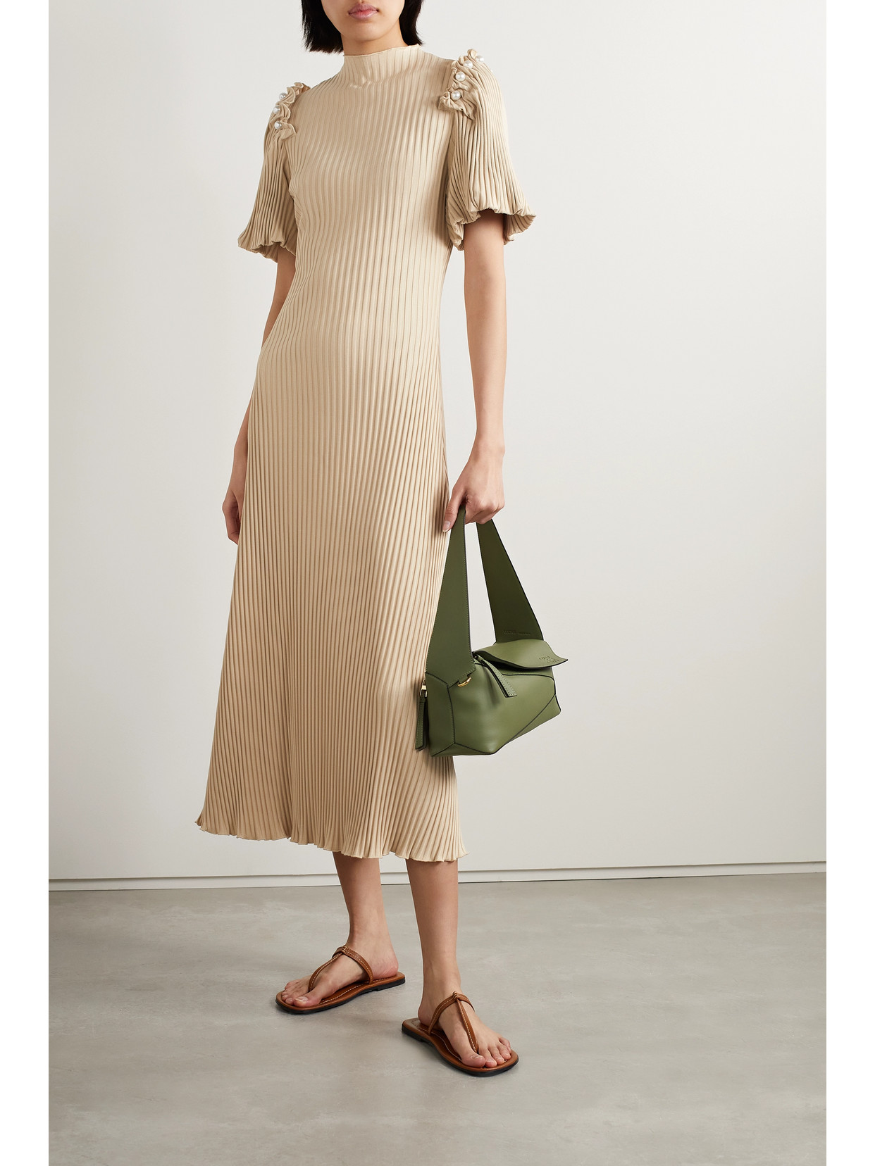 Mother Of Pearl Orla Faux Pearl-embellished Ribbed Organic Cotton-blend Midi Dress In Cream