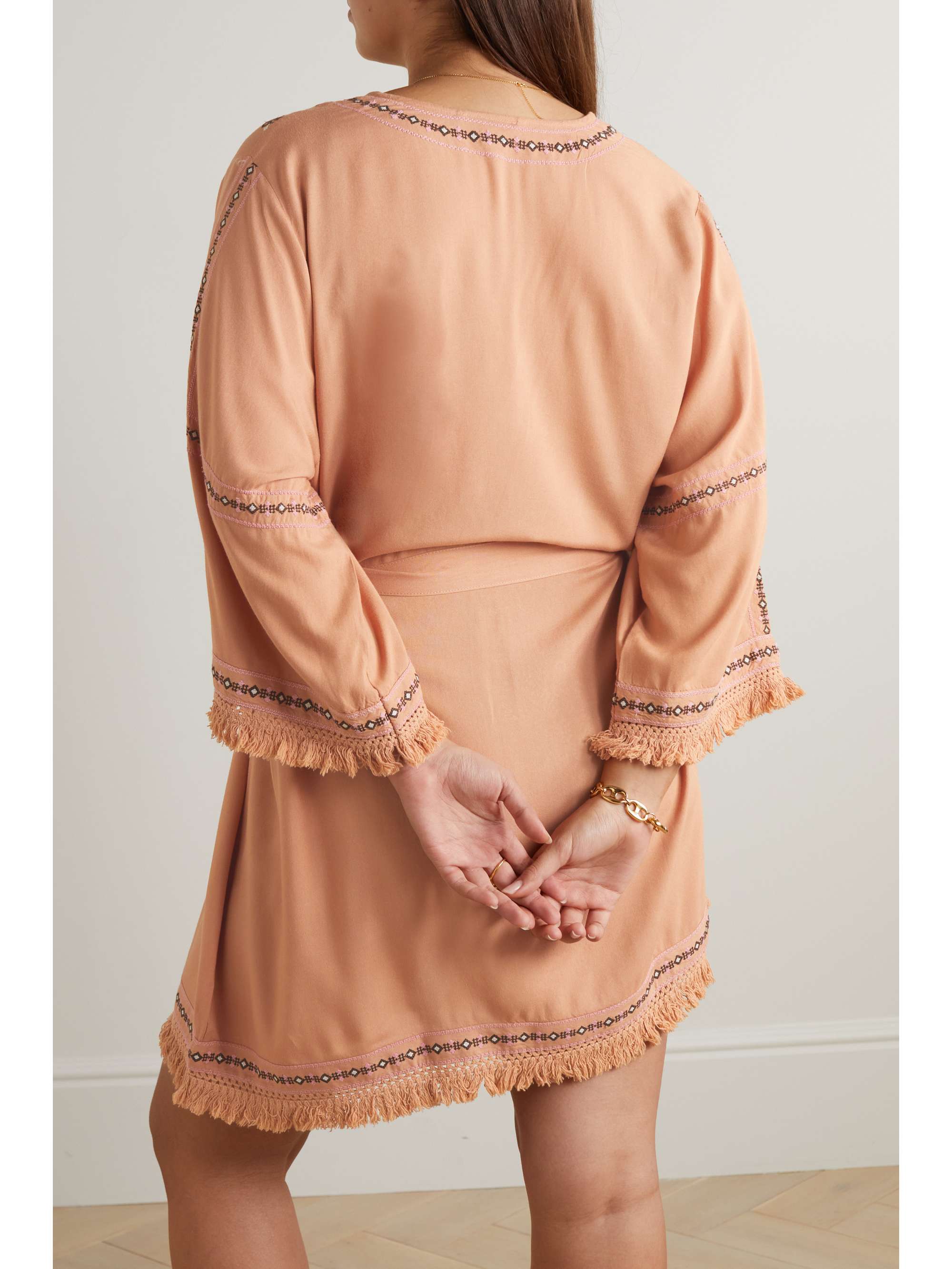 MELISSA ODABASH Kara belted fringed embroidered voile kaftan