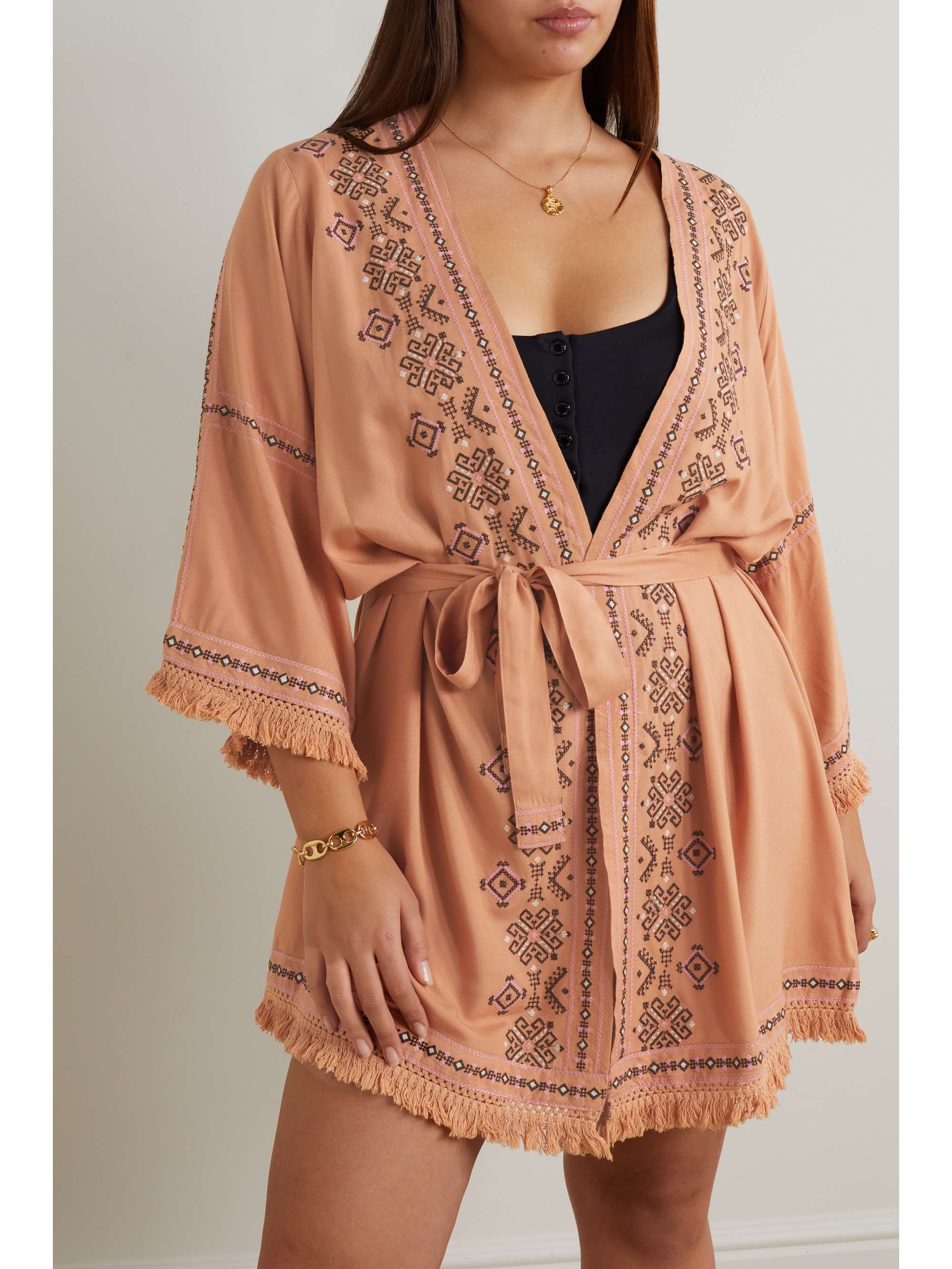 MELISSA ODABASH Kara belted fringed embroidered voile kaftan