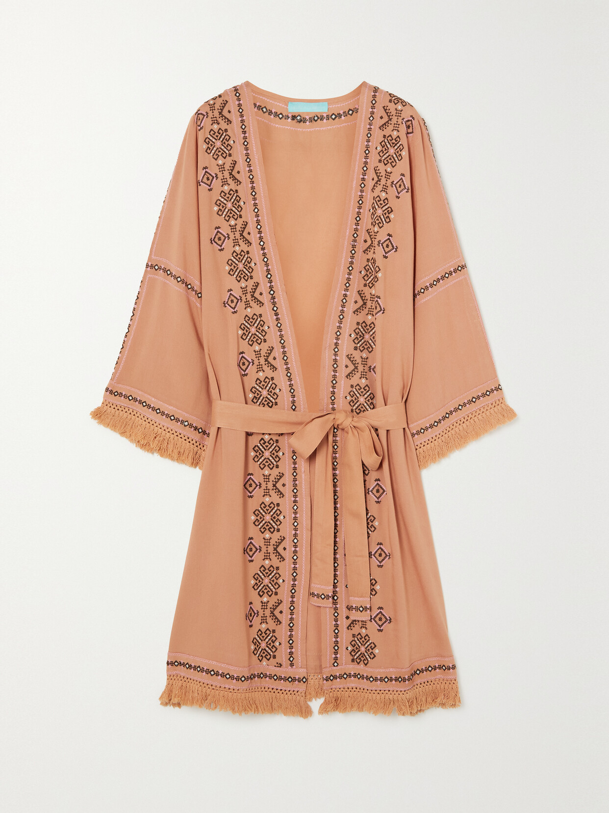 Melissa Odabash - Kara Belted Fringed Embroidered Voile Kaftan - Brown