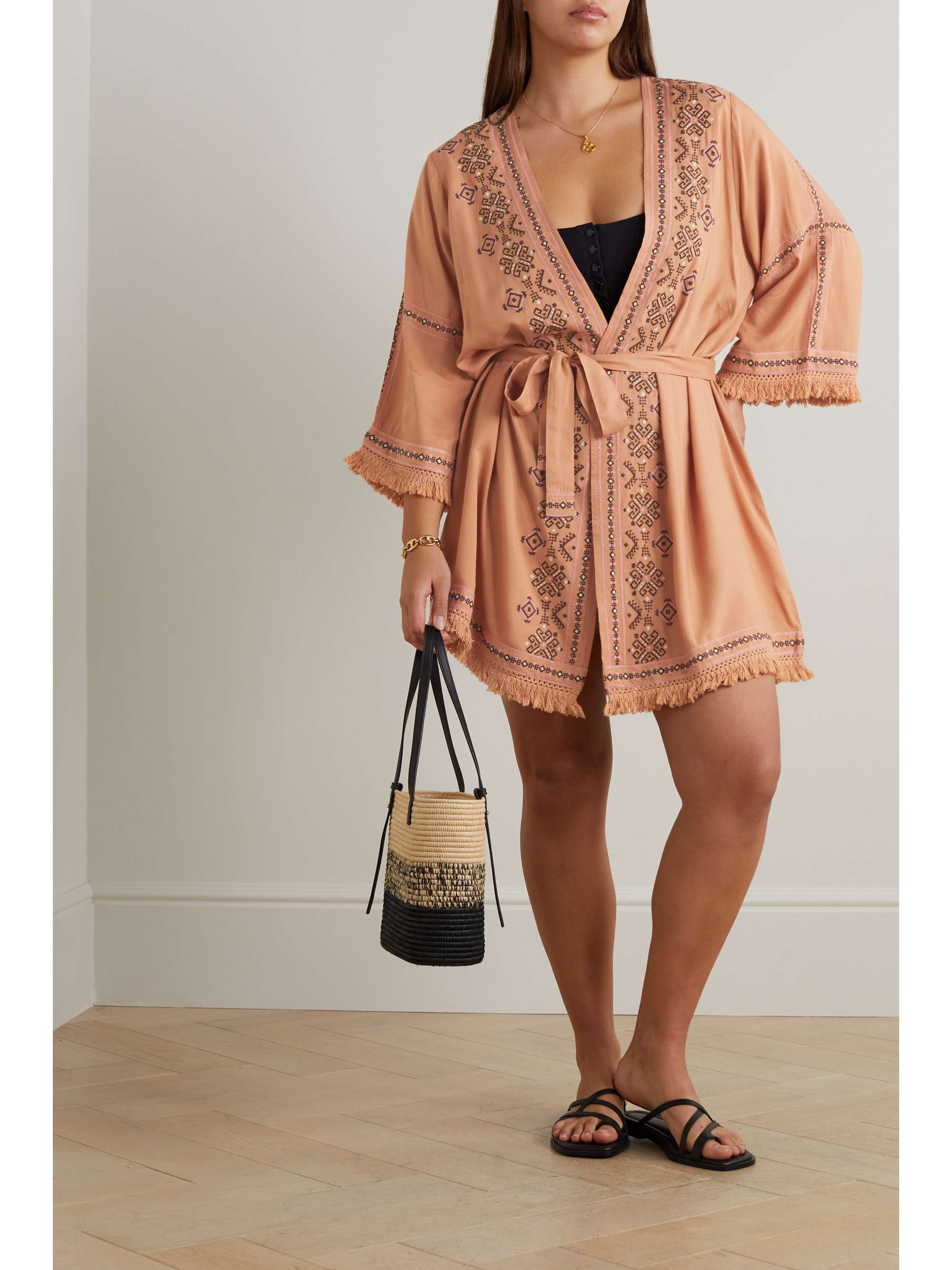 MELISSA ODABASH Kara belted fringed embroidered voile kaftan