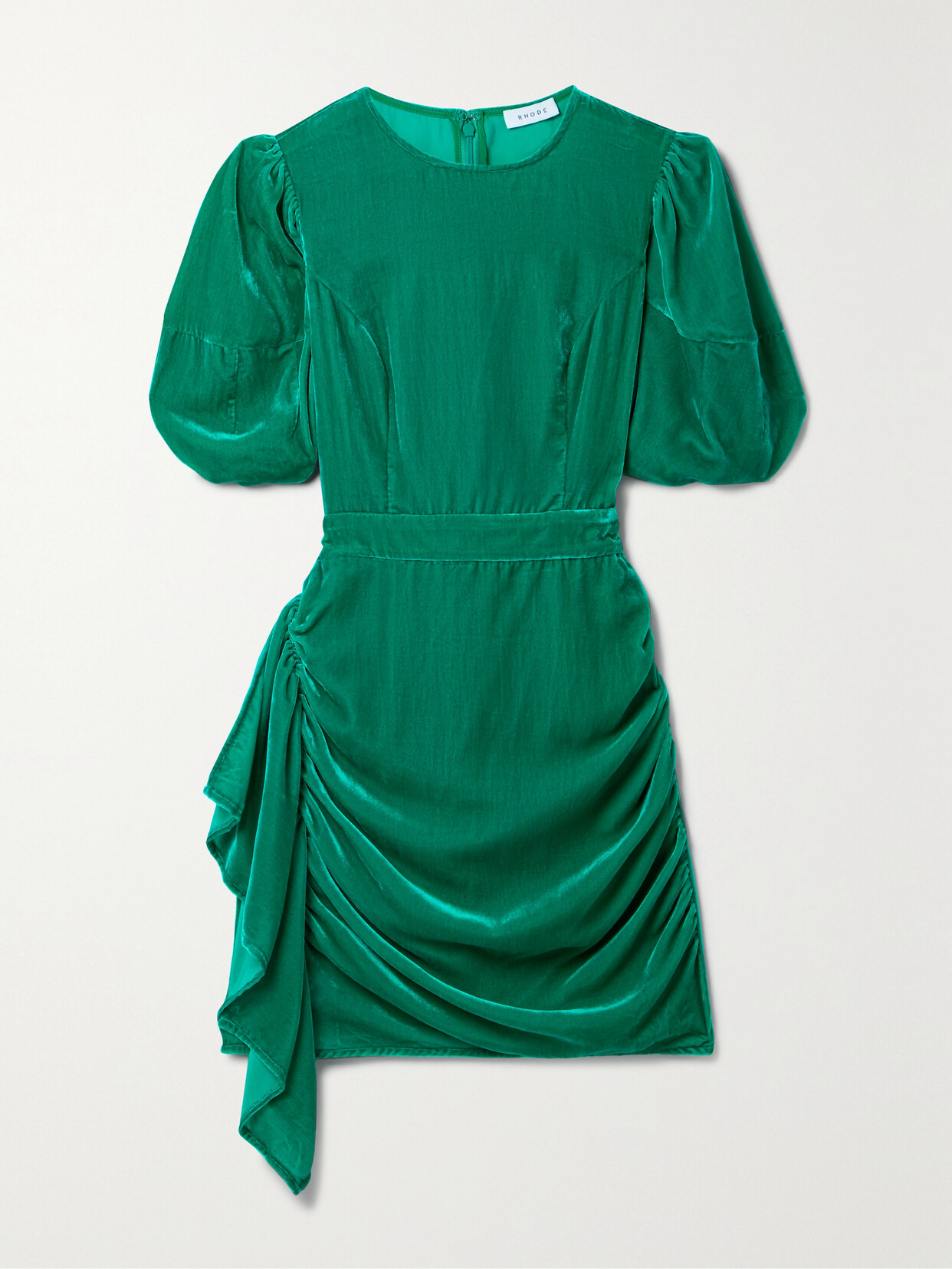 RHODE Pia Ruched Ruffled Velvet Mini Dress