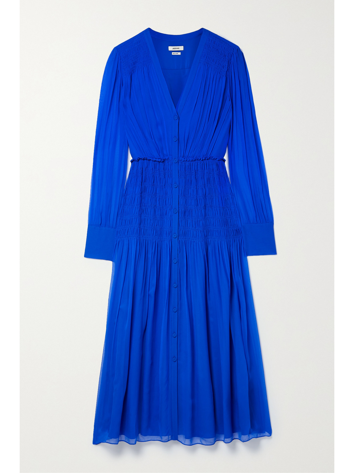 Jason Wu Smocked Blouson-sleeve Midi Dress In Blue